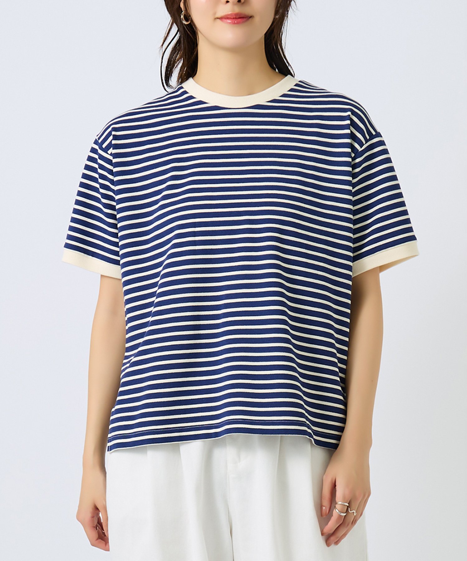 【綿混】ボーダー柄半袖Tシャツ レディース ギャルリ イチハチキュウロク バイ グンゼ トップス カットソー・Tシャツ ホワイト