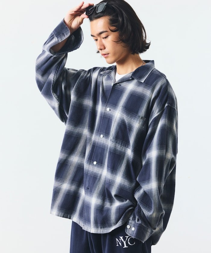 NAUTICA ブリーチ オンブレ L/S オープンカラーチェックシャツ フリークスストア トップス シャツ・ブラウス グリーン ネイビー ブラウン