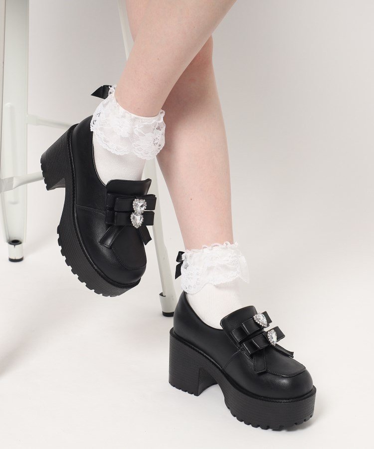 ビジューハート付ダブルリボン厚底パンプス エスペランサ シューズ・靴 パンプス ブラック