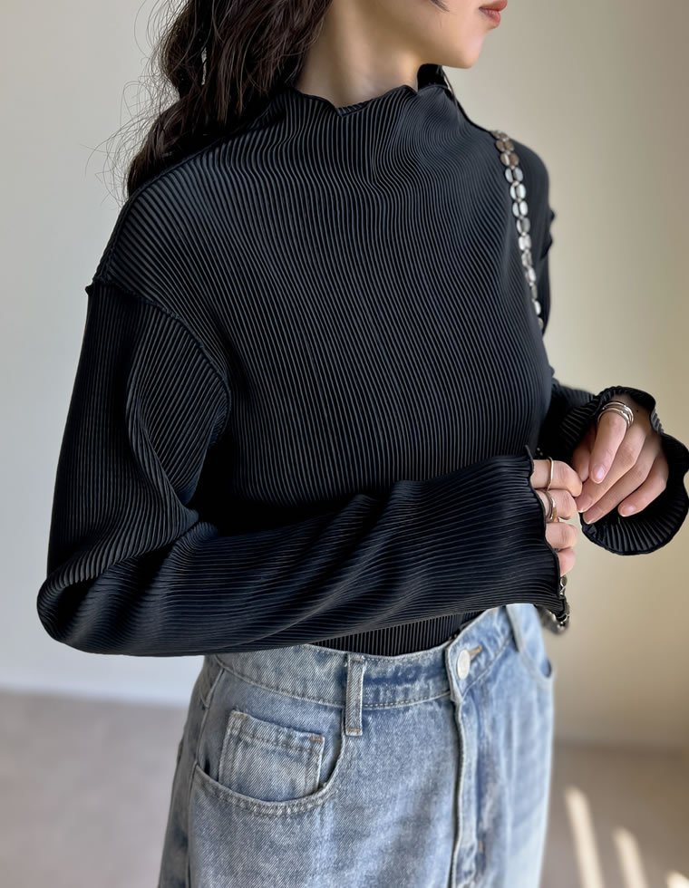 Re:EDIT 配色切り替えメロープリーツハイネックトップス リエディ トップス カットソー・Tシャツ グレー ワインレッド ホワイト ブラック