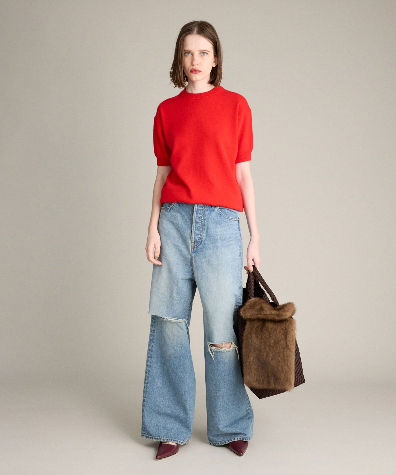 【SALE／30%OFF】BRILL カシミヤハーフスリーブ プルオーバー ブリル トップス ニット グレー レッド【送料無料】