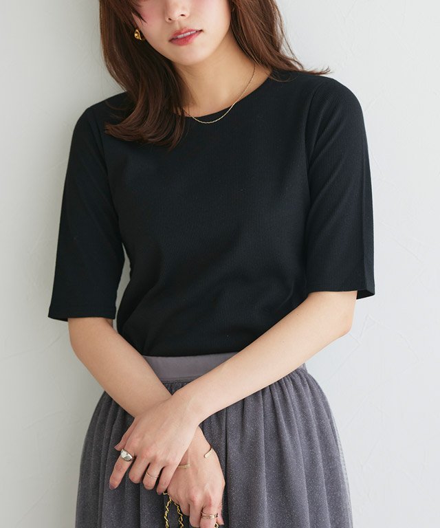 Pierrot クルーネック5分袖テレコリブカットソー ピエロ トップス カットソー・Tシャツ レッド グレー ブラック