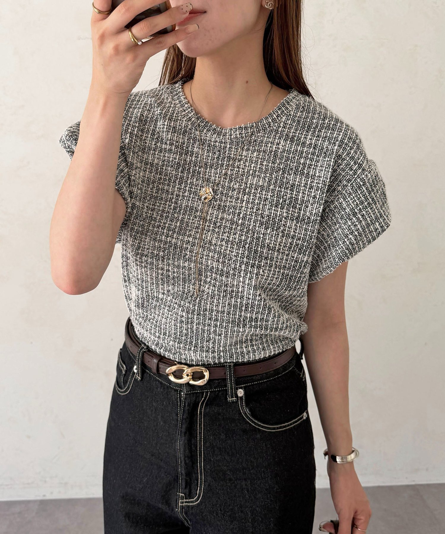 Thevon. 袖バルーンカットツイードプルオーバー ゼヴォン トップス カットソー・Tシャツ ブラック ベージュ グレー