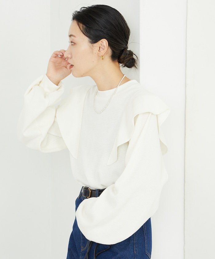 【SALE／50%OFF】FREAK'S STORE ハニカム 袖フリル トップス【限定展開】 フリークスストア トップス カットソー・Tシャツ グリーン ブラウン オレンジ ブラック ホワイトのサムネイル