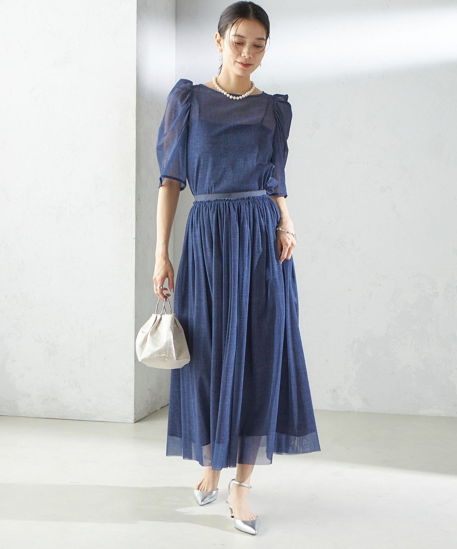 【SALE／40%OFF】SHIPS WOMEN troisiemeCHACO:＜手洗い可能＞デニム プリント チュール スカート シップス スカート ロング・マキシスカート ブルー ネイビー【送料無料】