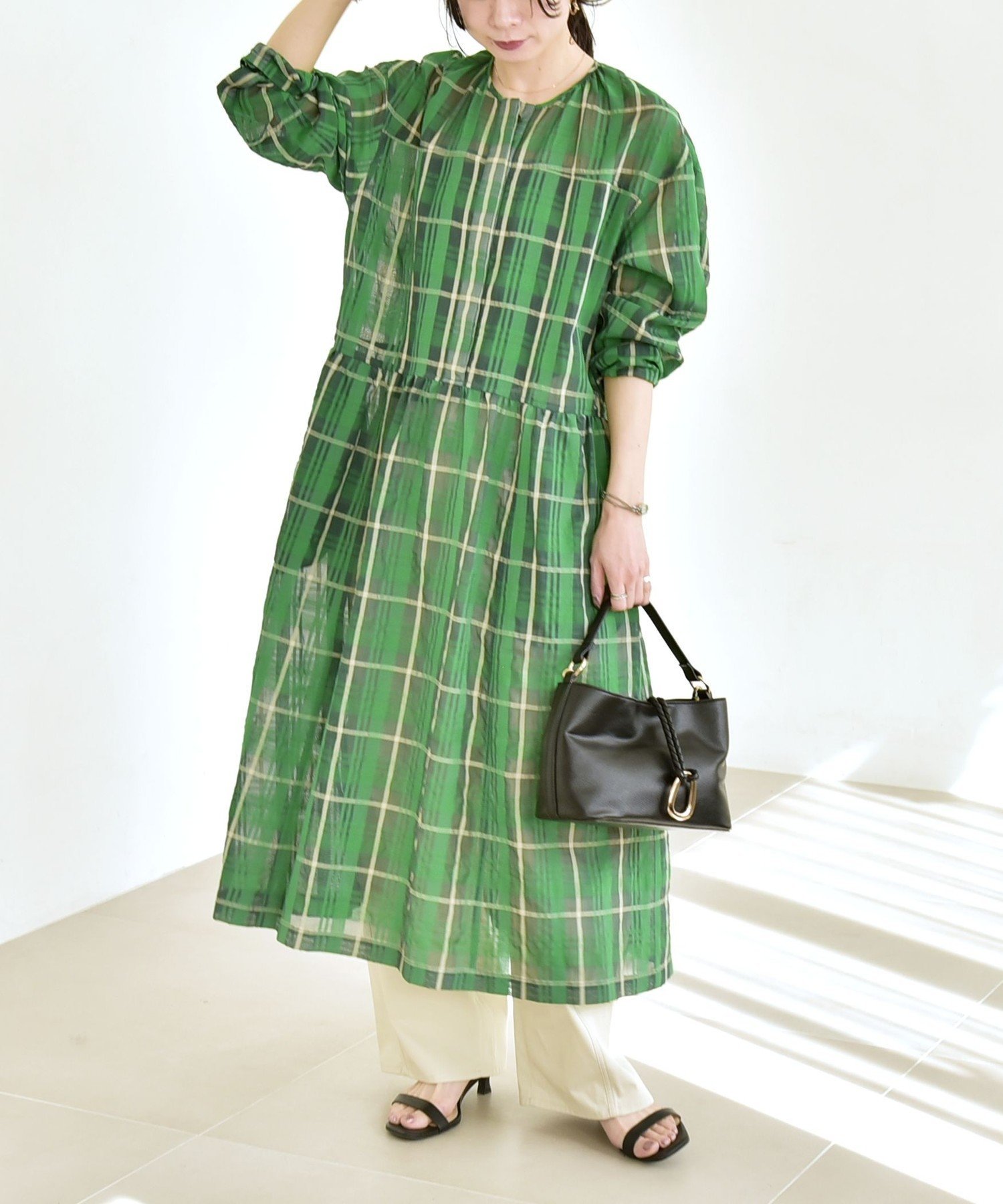 quaranciel quaranciel:＜手洗い可能＞シアー チェック クルーネック ギャザー ワンピース シップス ワンピース・ドレス ワンピース グリーン パープル【送料無料】