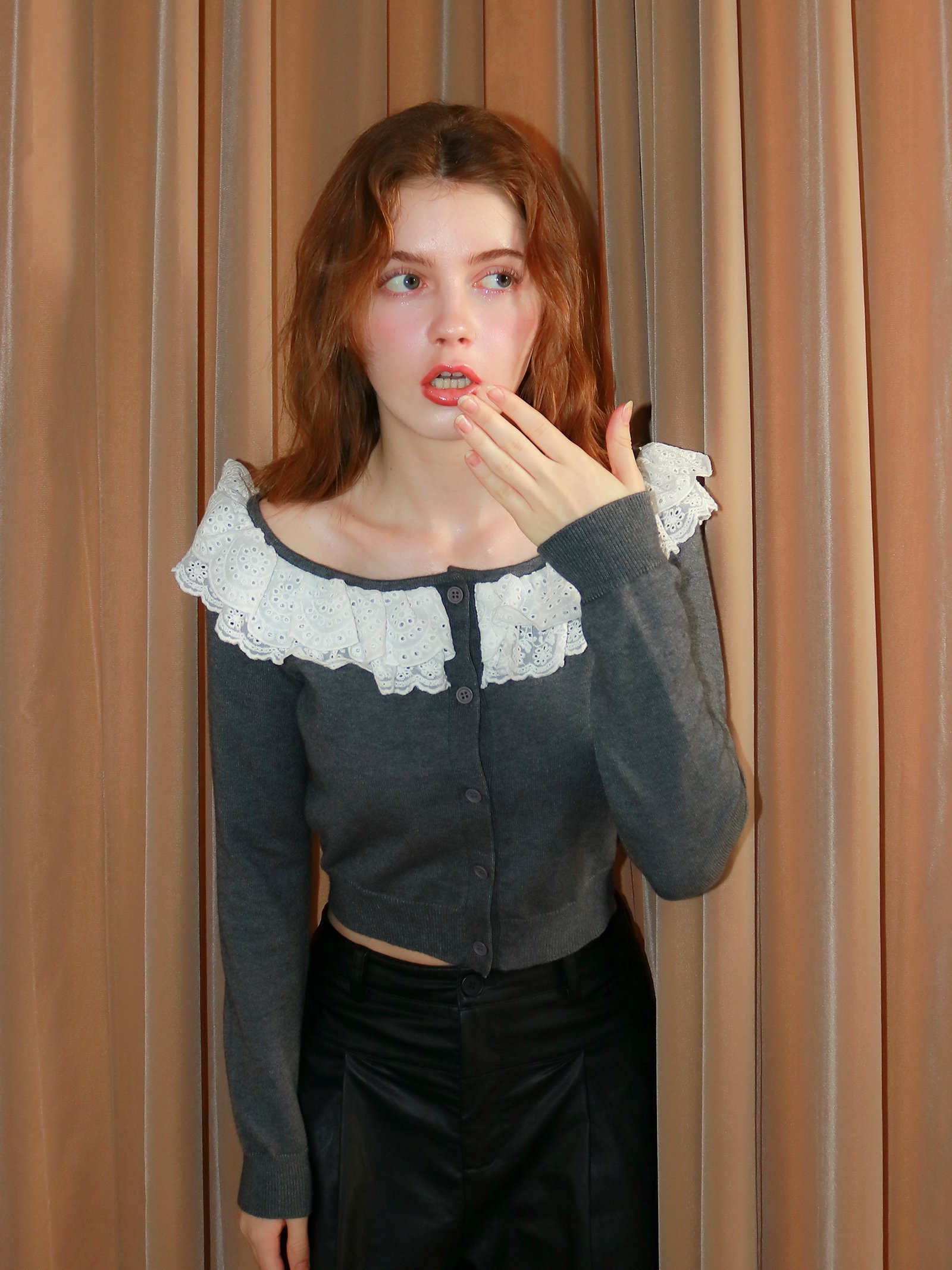 mic by Olu. 【mic】ベルラッフルニットカーディガン オルドット トップス カーディガン グレー ベージュ ネイビー【送料無料】