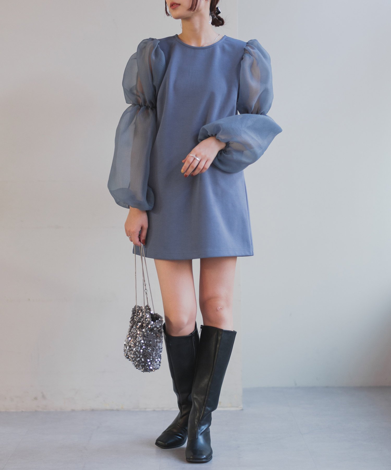 【SALE／61%OFF】PAL GROUP OUTLET 【Kastane】【オケージョン/結婚式】袖ボリュームミニワンピース パル グループ アウトレット ワンピース・ドレス その他のワンピース・ドレス ブルー ブラック【送料無料】のサムネイル