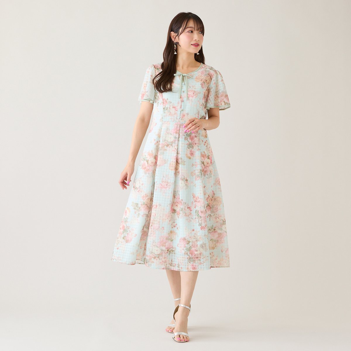 Rose Tiara シアーチェックレースアップワンピース ローズティアラ ワンピース・ドレス ワンピース ブルー グリーン