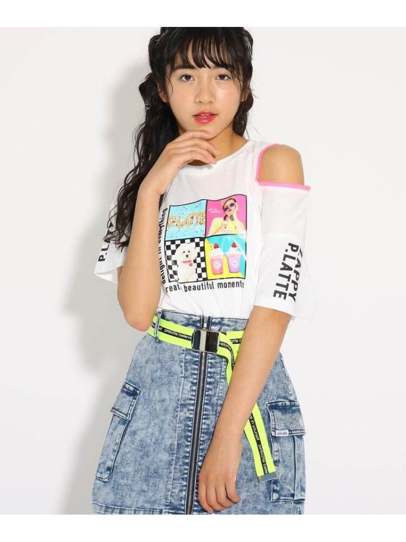 PINK-latte ◆★ニコラ掲載★肩あき転写 Tシャツ ピンク ラテ カットソー Tシャツ ホワイト ピンク ブルーのサムネイル