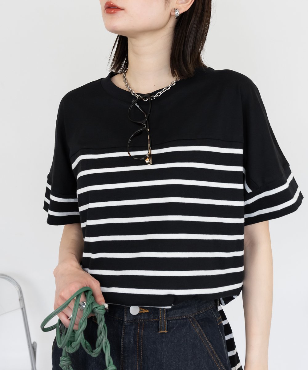 aity パネルボーダー 5分袖トップス Tシャツ カットソー シンプル カジュアル レディース ビーフラット トップス カットソー・Tシャツ