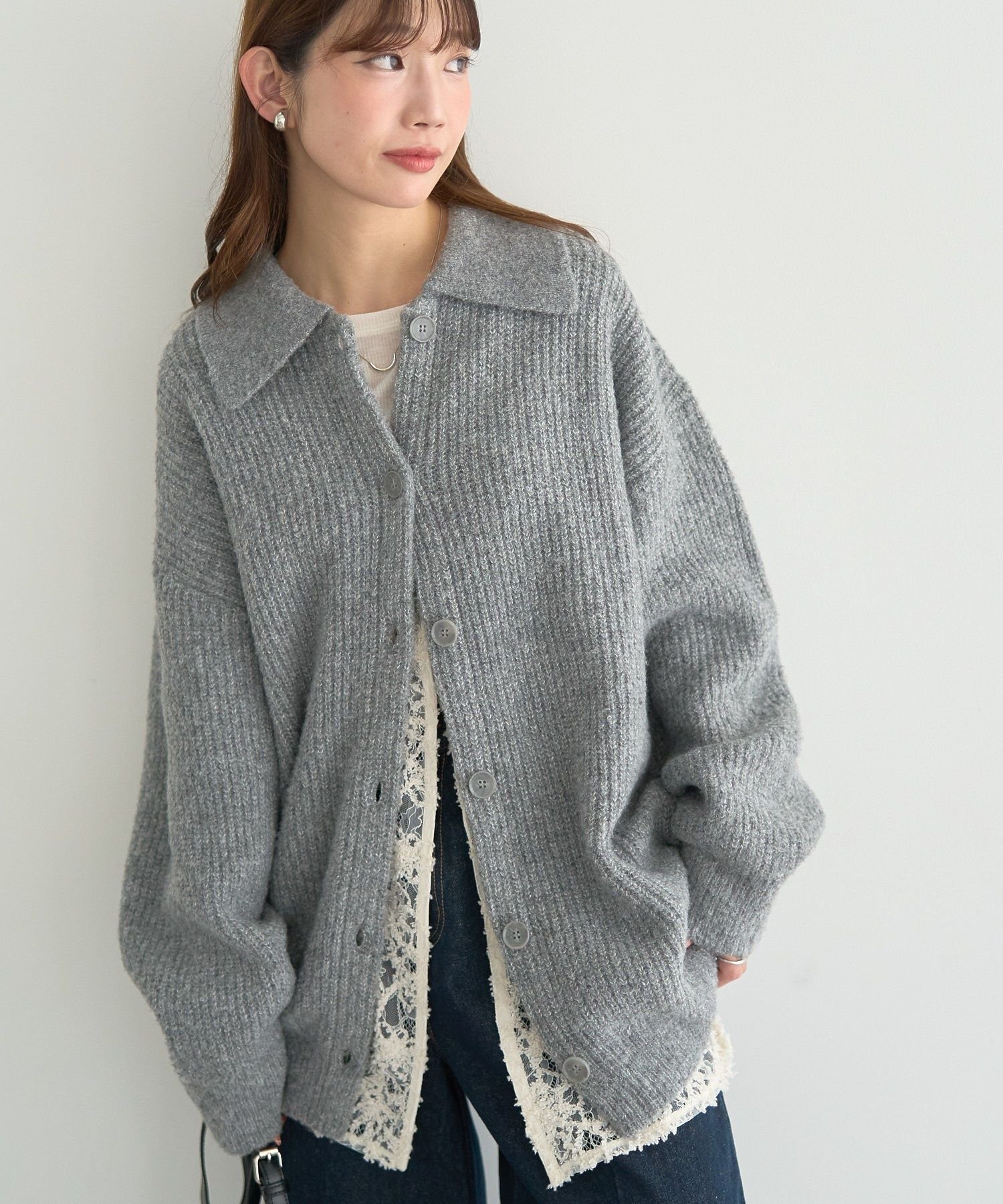 earth music&ecology 襟付きニットアウター アースミュージック&エコロジー トップス カーディガン グレー ベージュ【送料無料】のサムネイル