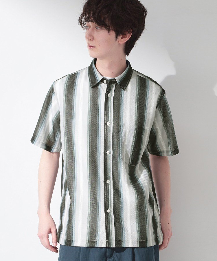 THE SHOP TK メッシュ ストライプ半袖シャツ 洗濯機OK/通気性◎ ザ ショップ ティーケー トップス シャツ・ブラウス ブラック ベージュ ブルー