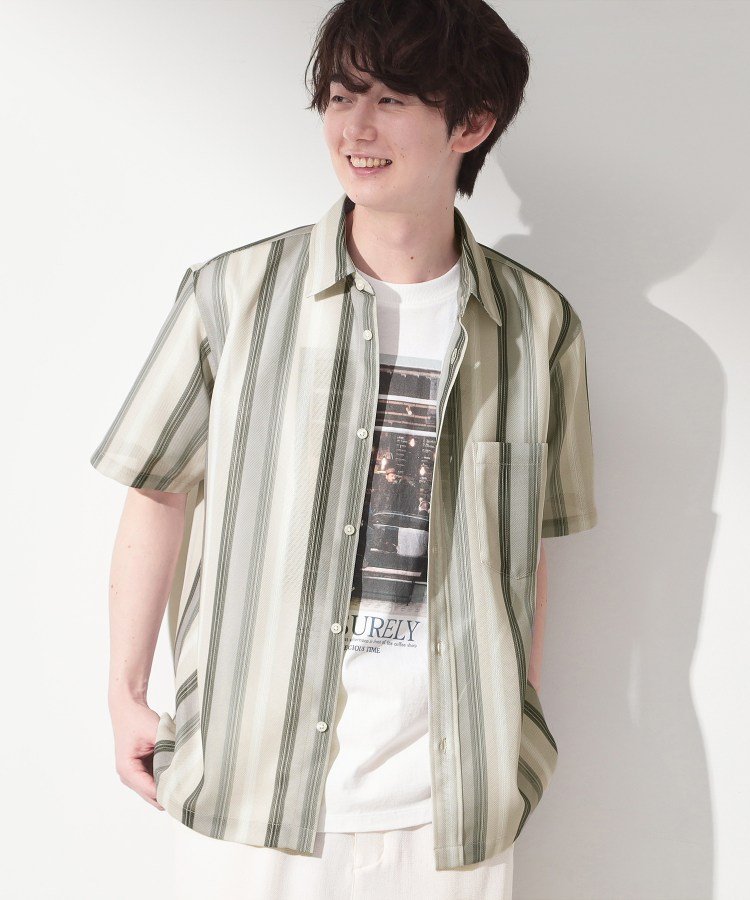 THE SHOP TK メッシュ ストライプ半袖シャツ 洗濯機OK/通気性◎ ザ ショップ ティーケー トップス シャツ・ブラウス ブラック ベージュ ブルー