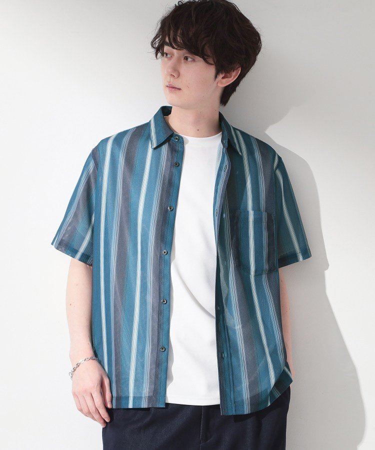 THE SHOP TK メッシュ ストライプ半袖シャツ 洗濯機OK/通気性◎ ザ ショップ ティーケー トップス シャツ・ブラウス ブラック ベージュ ブルー