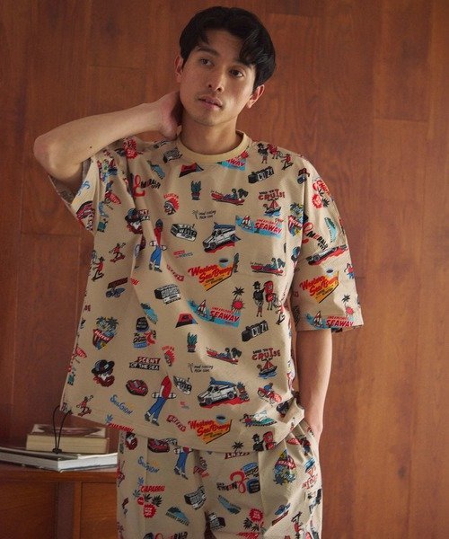 DUCKSTER/ダックスター 総柄ドロップショルダーS/STEE (MENS) ゴースローキャラバン トップス カットソー・Tシャツ ブラック ベージュ