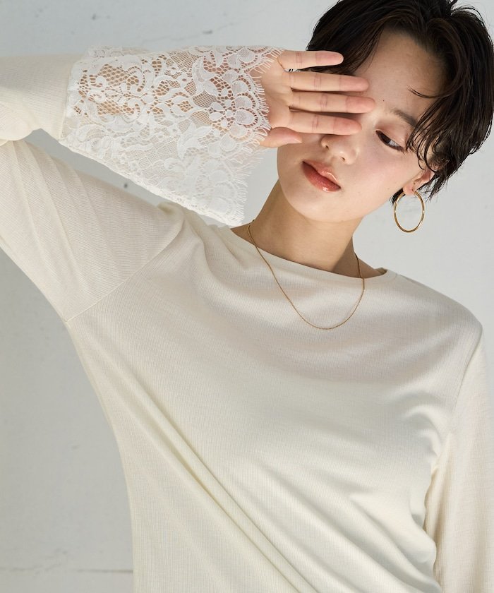 FREAK'S STORE 限定展開 フレア 袖 レース ドッキング ロングスリーブ Tシャツ 26AW フリークスストア トップス カットソー・Tシャツ ブラウン ブラック グレー ホワイト【送料無料】