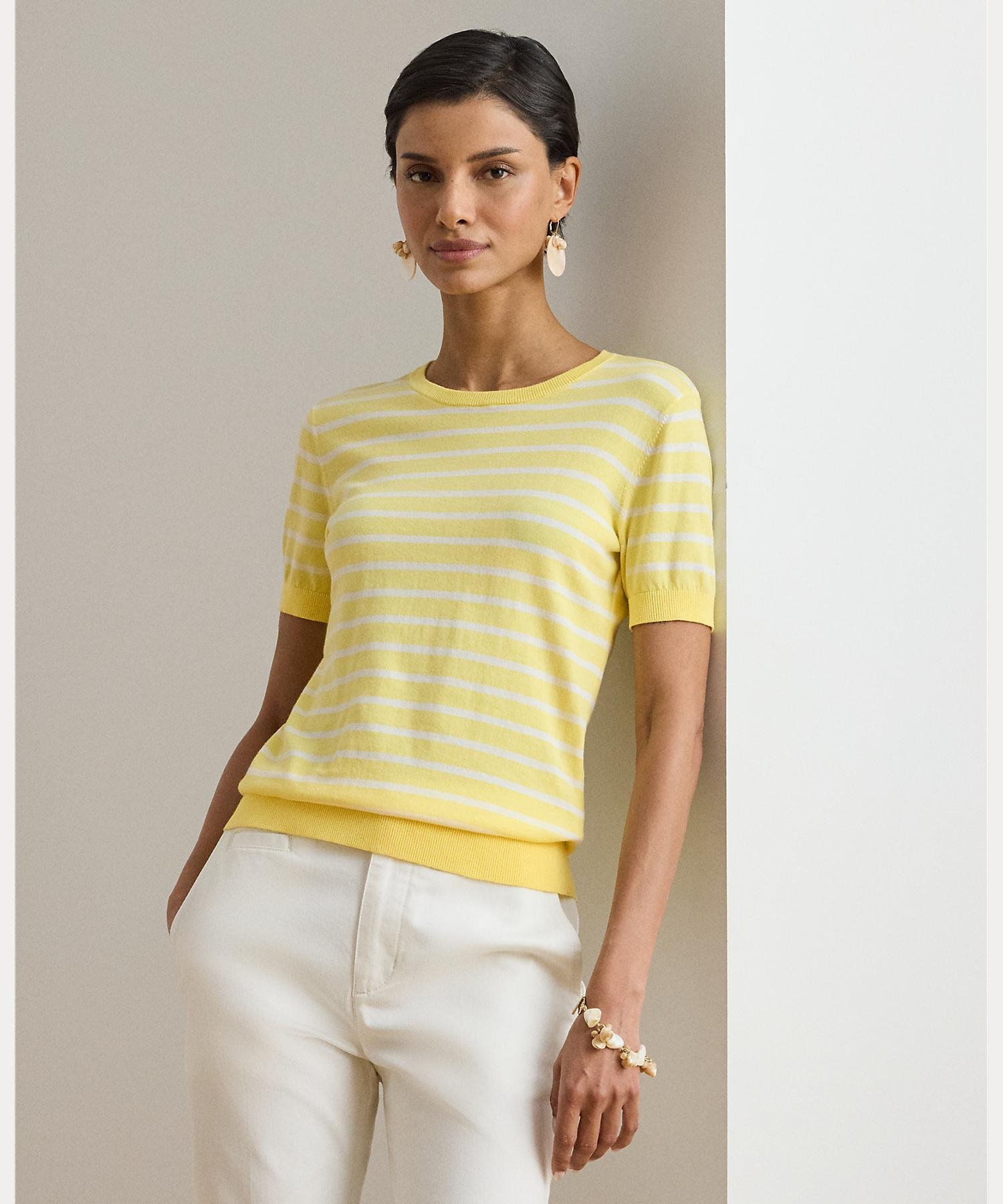 LAUREN RALPH LAUREN ストライプド コットン ショートスリーブ セーター ラルフローレン トップス ニット ホワイト【送料無料】