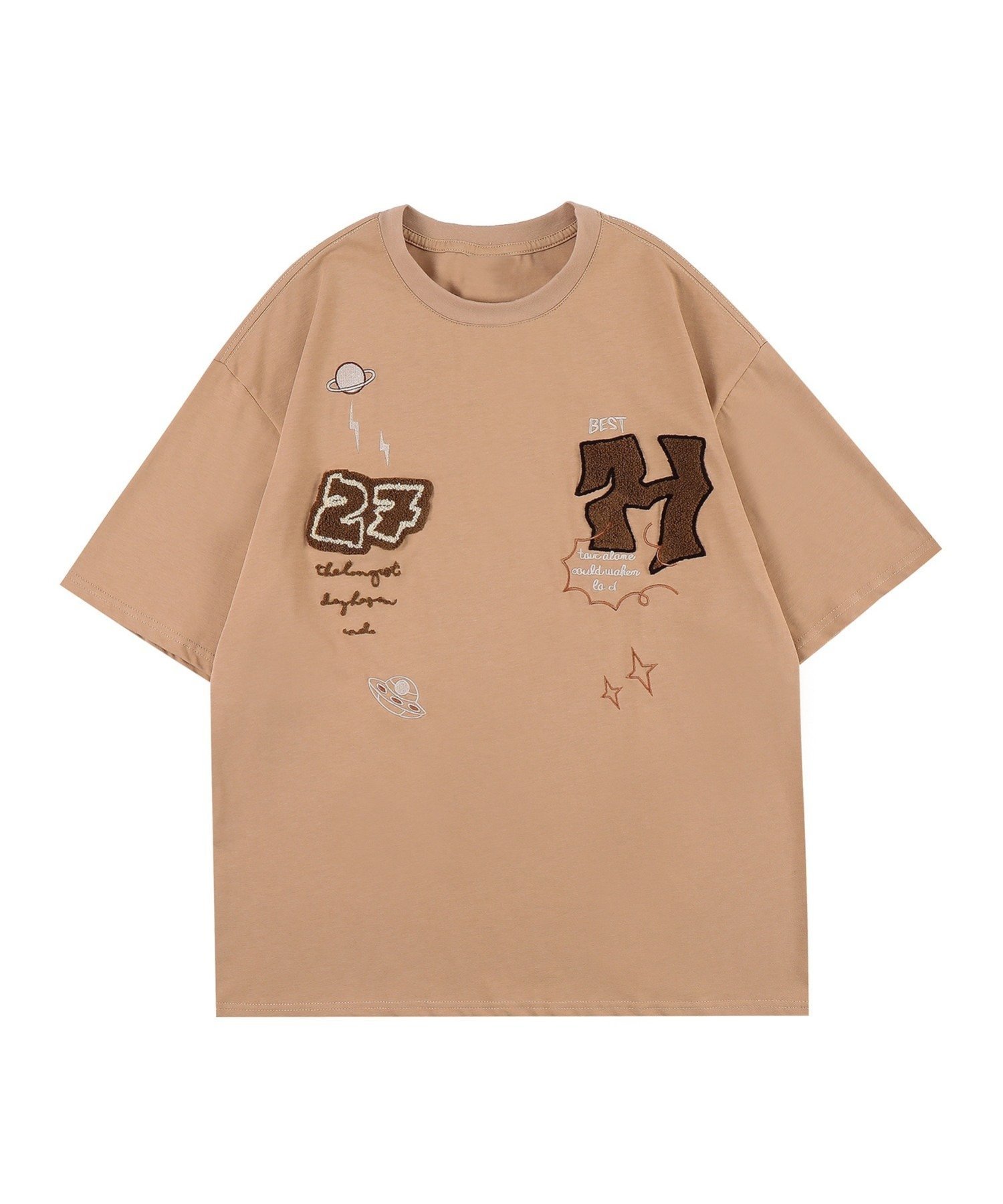 HOOK HOOK- アメカジ風ワッペン刺繍半袖TEE アイモハ トップス カットソー・Tシャツ ベージュ ブラック グリーン