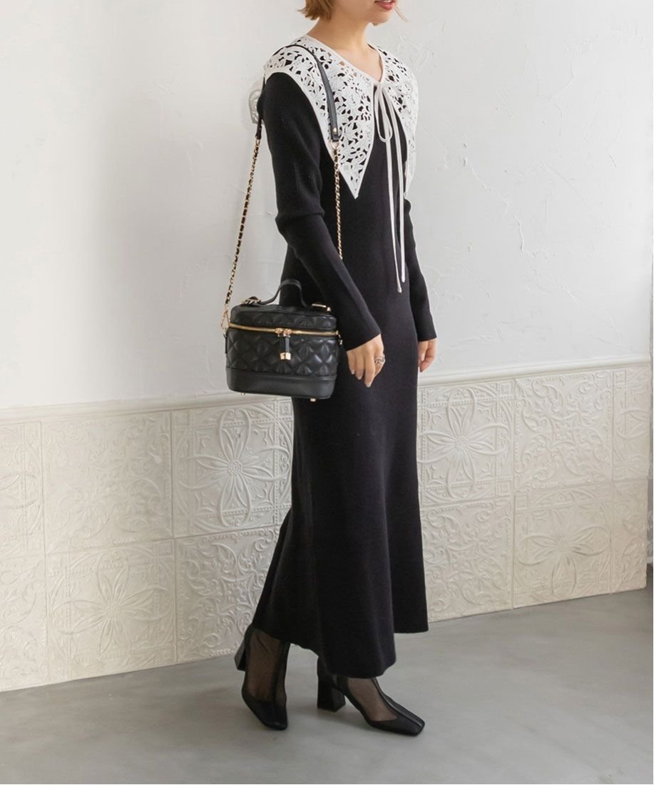 RANDA 【選べる丈感】レース衿ニットワンピース ランダ ワンピース・ドレス ワンピース ホワイト グレー ピンク【送料無料】のサムネイル