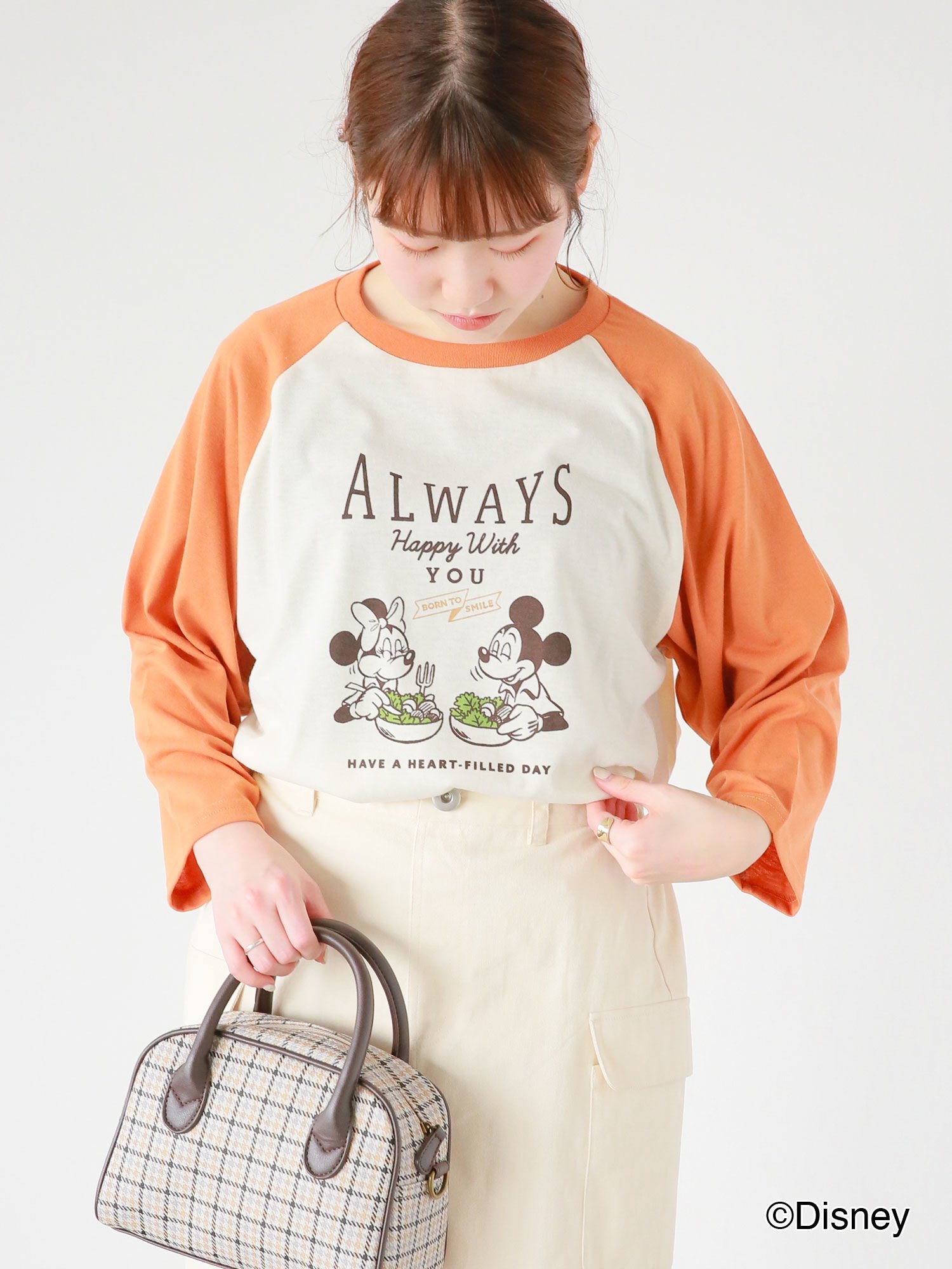 ehka sopo 【Disney】ミッキー/ラグラン七分袖Tシャツ エヘカソポ トップス カットソー・Tシャツ オレンジ グリーン ネイビーのサムネイル