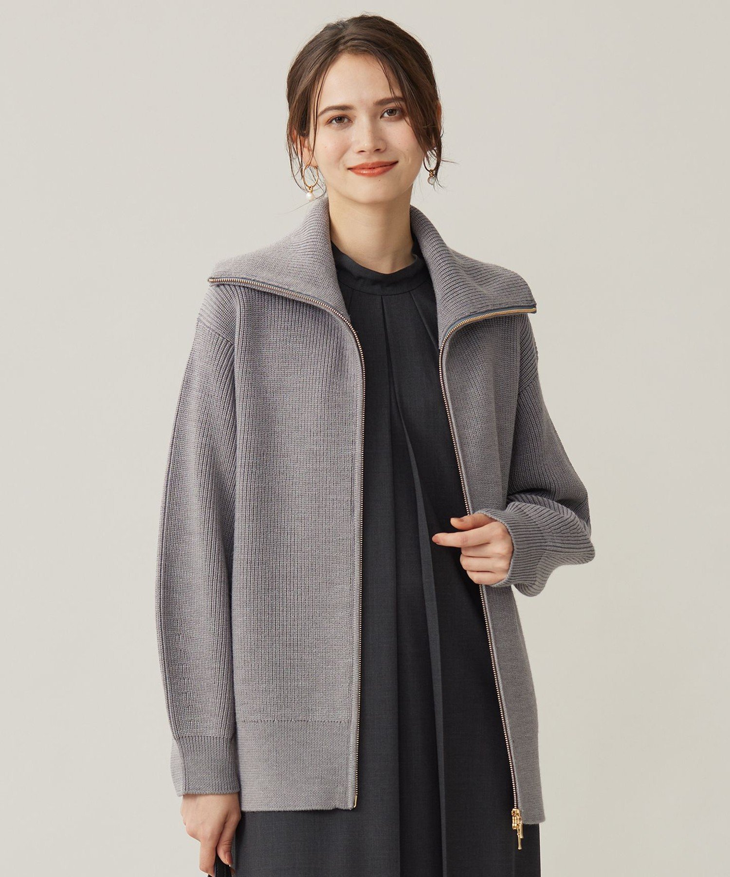 【SALE／30%OFF】自由区 【洗える】ジップアップニット アウター ジユウク ジャケット・アウター その他のジャケット・アウター ネイビー グレー【送料無料】のサムネイル