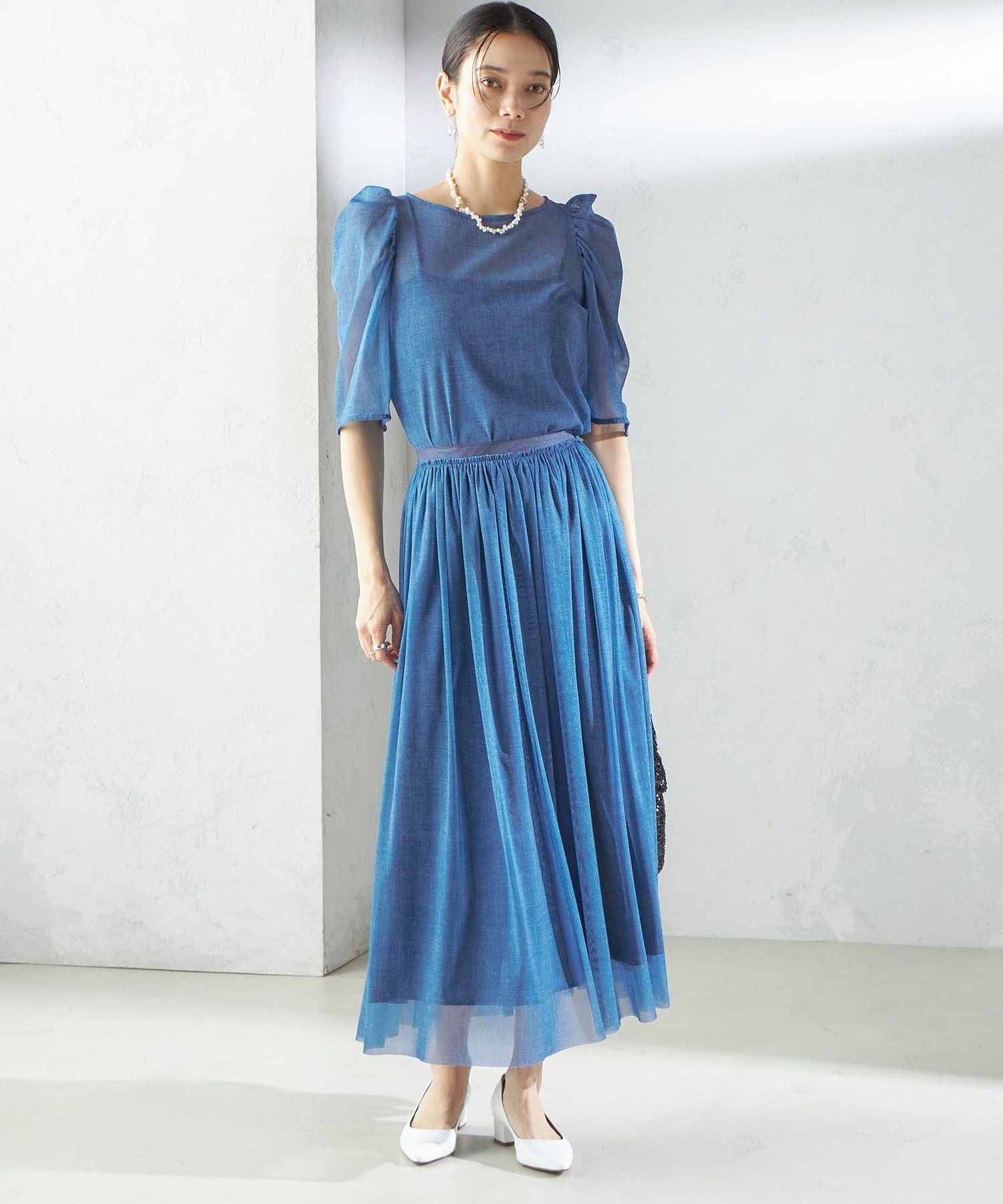 【SALE／40%OFF】SHIPS WOMEN troisiemeCHACO:＜手洗い可能＞デニム プリント チュール ブラウス シップス トップス シャツ・ブラウス ブルー ネイビー【送料無料】