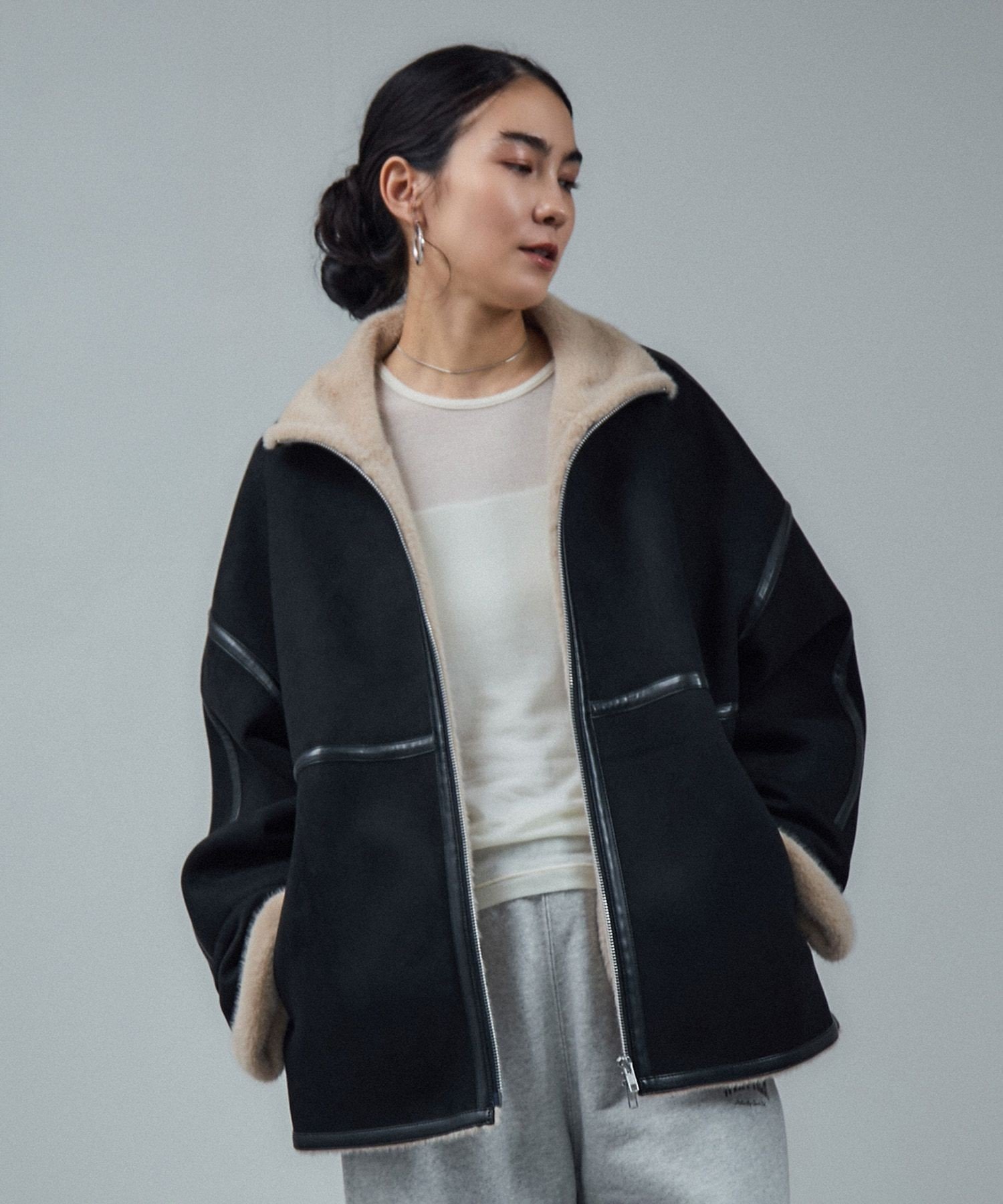 SALON adam et rope' 【WEB限定】フェイクムートンショートコート サロン アダム エ ロペ ジャケット・アウター ムートンコート ベージュ ブラック