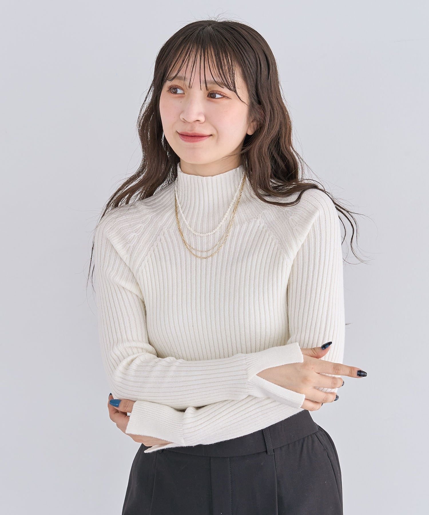 Green Parks ・Petit Fleur ボトルネックリブニット グリーンパークス トップス ニット ホワイト グリーン グレー ブルー ブラック ピンク