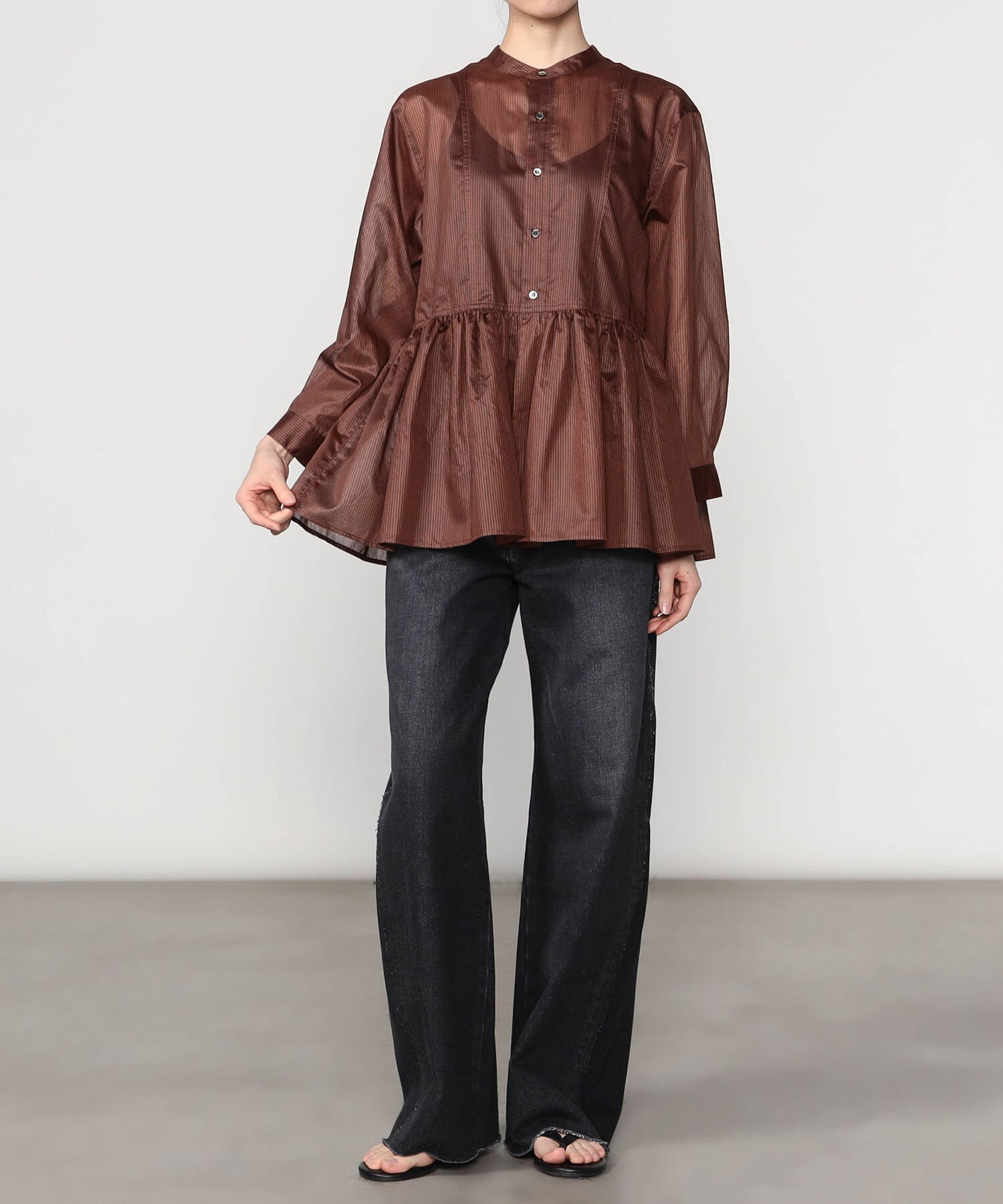 Bshop LE GLAZIK ｜ シアーボーダー ギャザーフレアシャツ WOMEN ビショップ トップス シャツ・ブラウス ブラウン