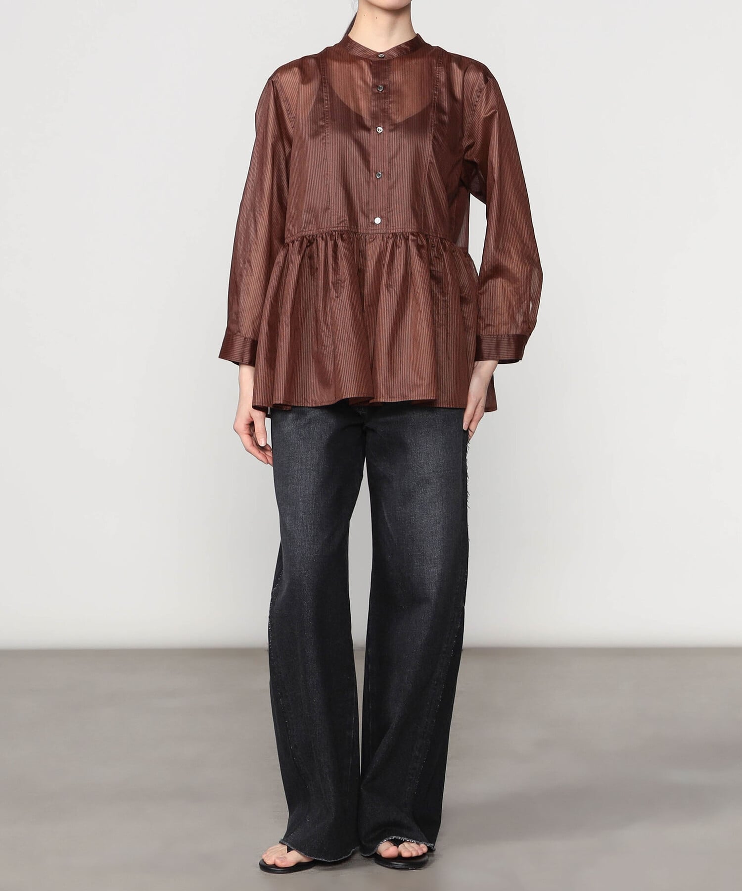 Bshop LE GLAZIK ｜ シアーボーダー ギャザーフレアシャツ WOMEN ビショップ トップス シャツ・ブラウス ブラウン
