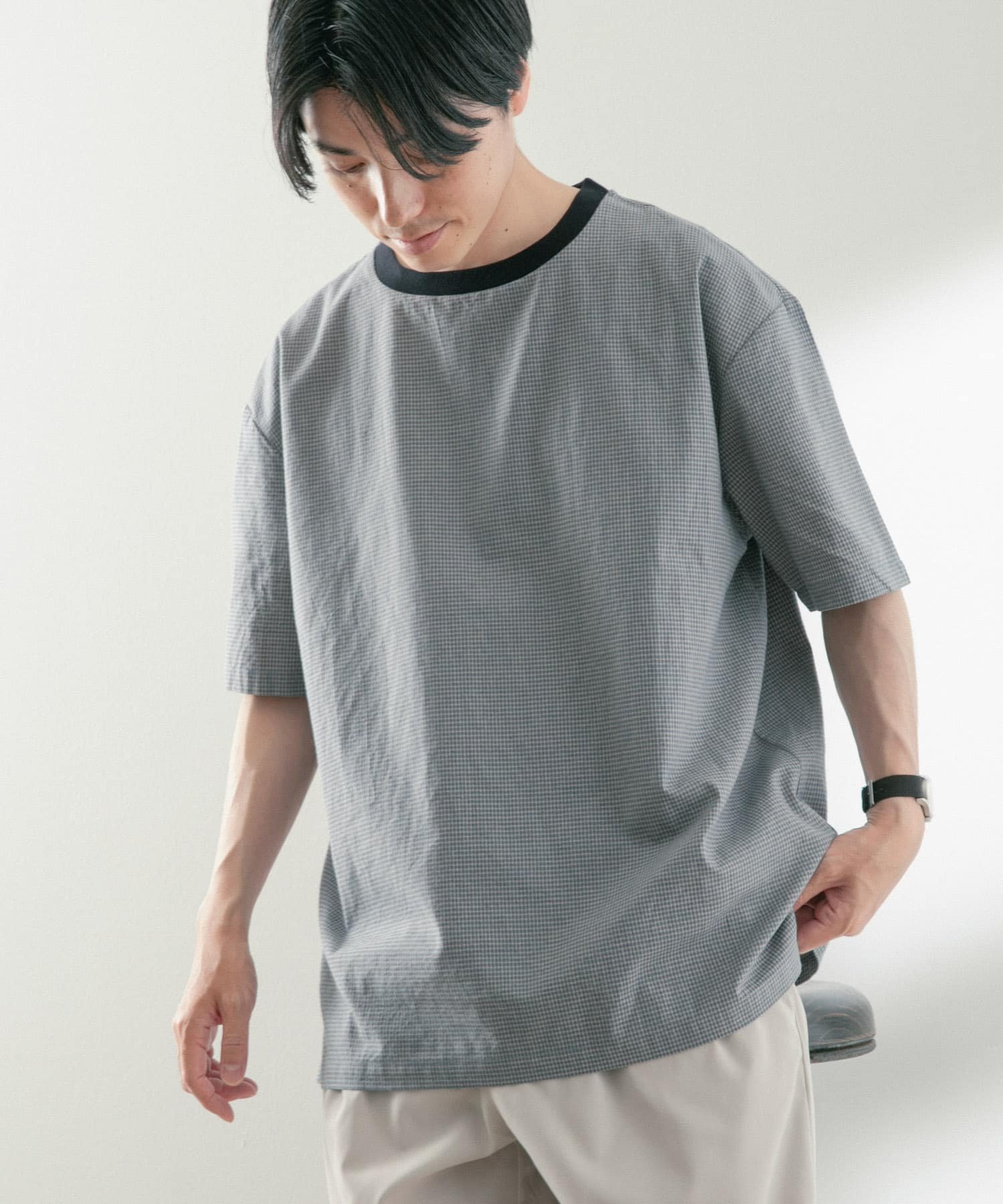 URBAN RESEARCH ITEMS ドビーチェック 布帛クルーネックTシャツ アーバンリサーチアイテムズ トップス カットソー・Tシャツ