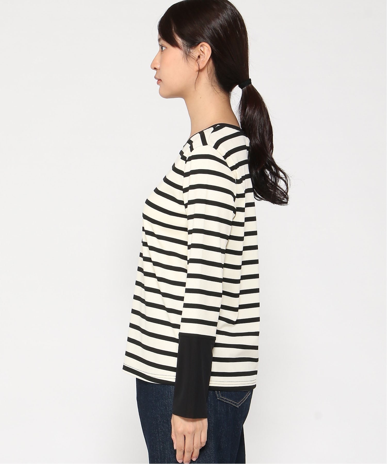 QPLUS QPLUS/ボーダーリブカットソー キュープラス トップス カットソー・Tシャツ ブラック ホワイト