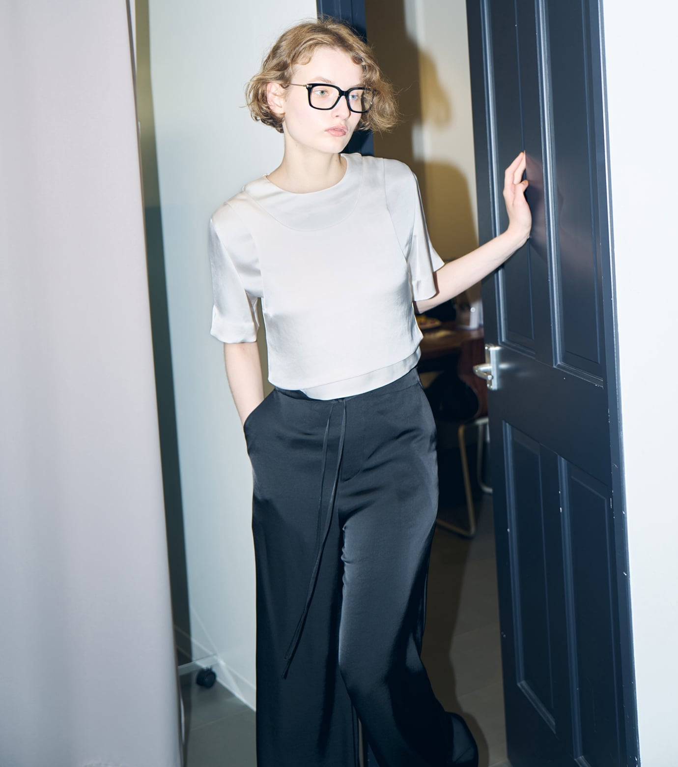 LE CIEL BLEU サテンレイヤードトップ / Satin Layered Top ルシェルブルー トップス シャツ・ブラウス ブラック ホワイト