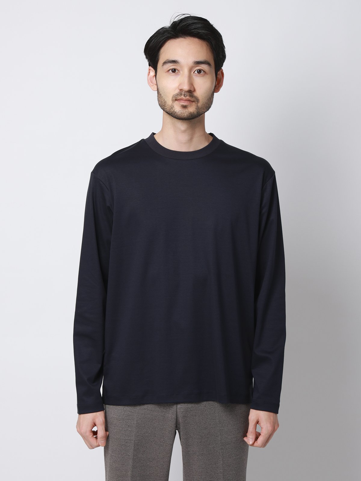 SUIT SQUARE クルーネックTシャツ 長袖 ウォッシャブル 形態安定 シルケットスムースコットン スーツ スクエア トップス カットソー・Tシャツ ネイビー