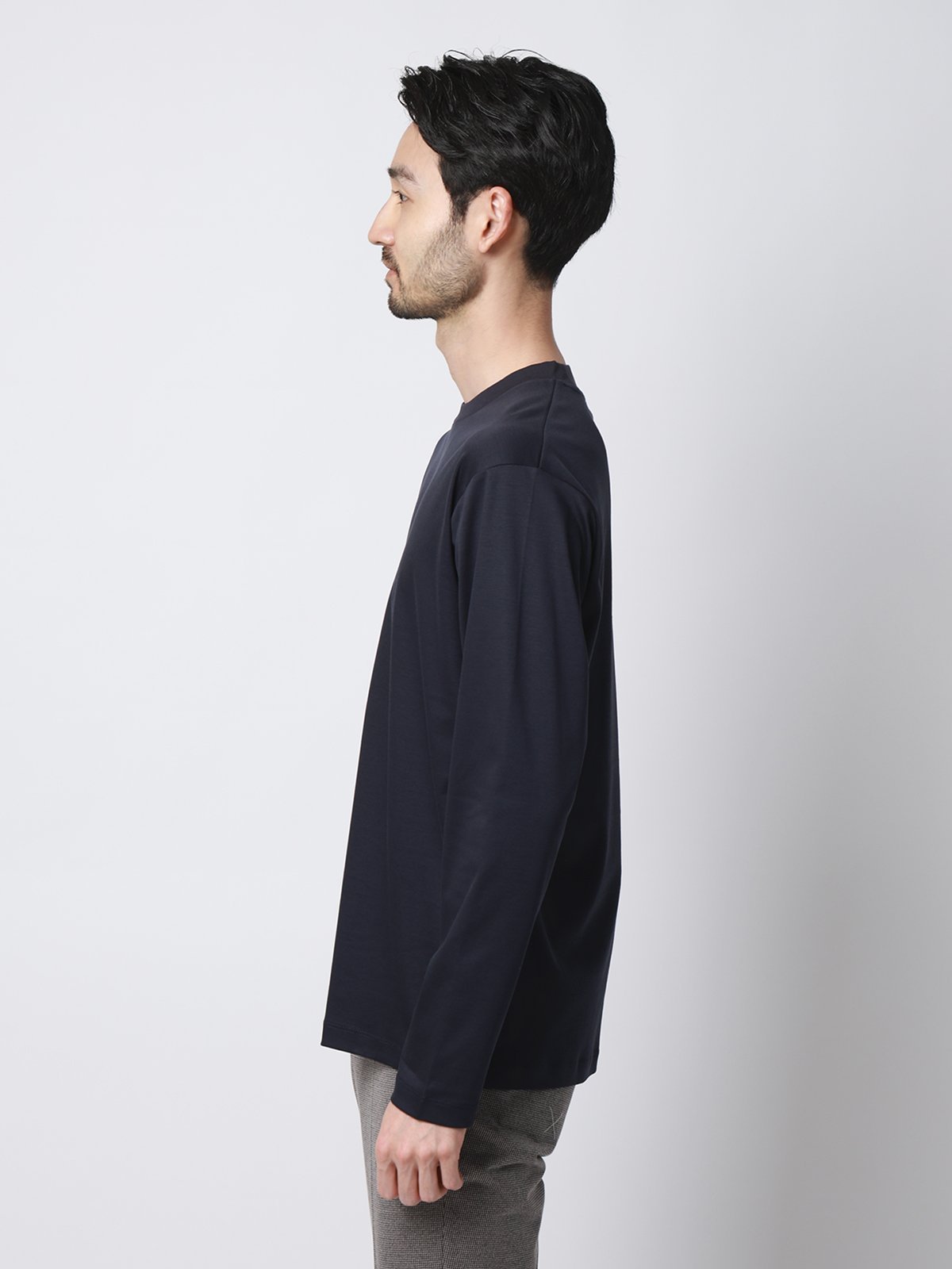 SUIT SQUARE クルーネックTシャツ 長袖 ウォッシャブル 形態安定 シルケットスムースコットン スーツ スクエア トップス カットソー・Tシャツ ネイビー