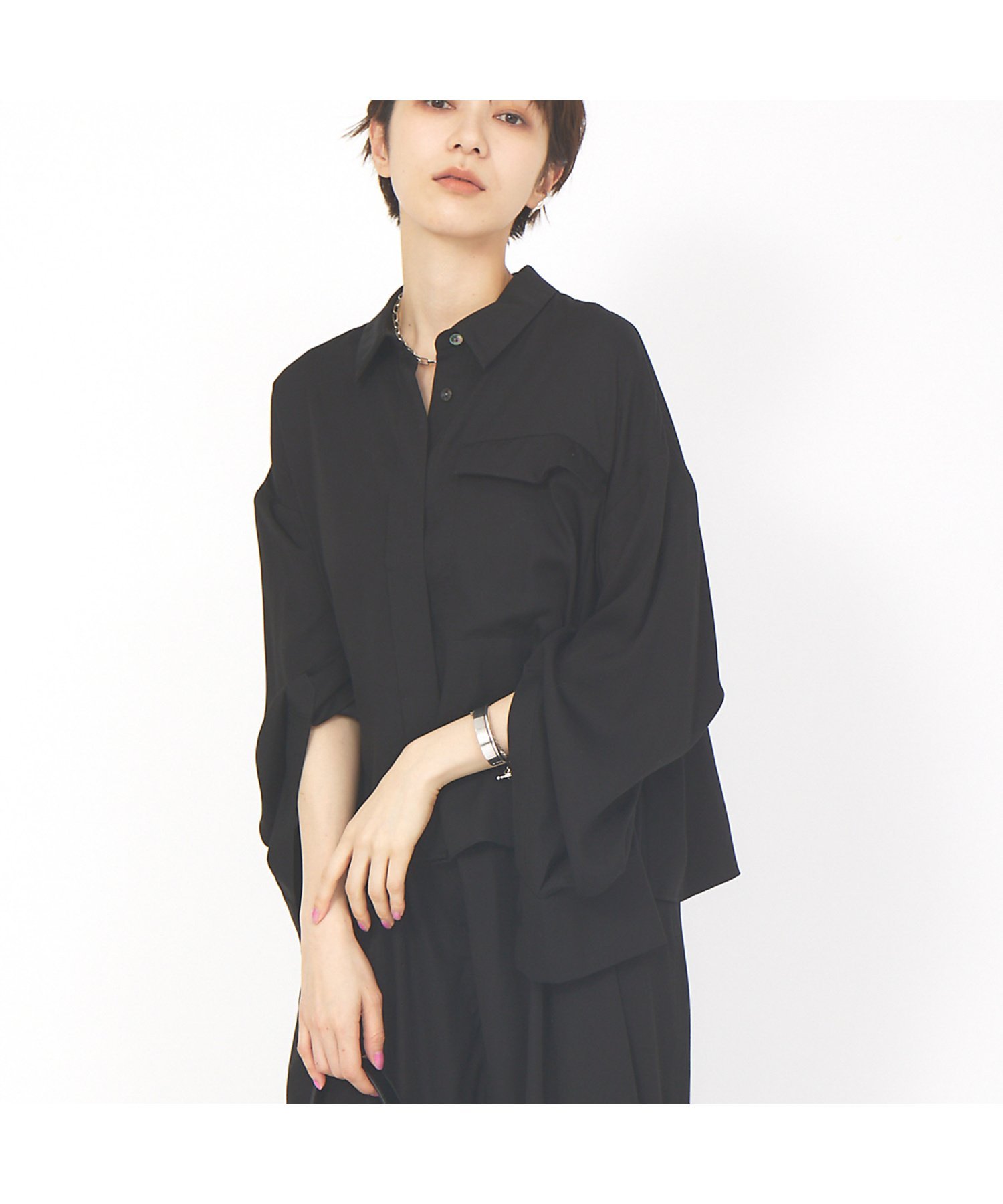 Rouge vif la cle 【セットアップ対応】スリーブスリットシャツ ルージュ・ヴィフ ラクレ トップス シャツ・ブラウス ブラック ブラウン
