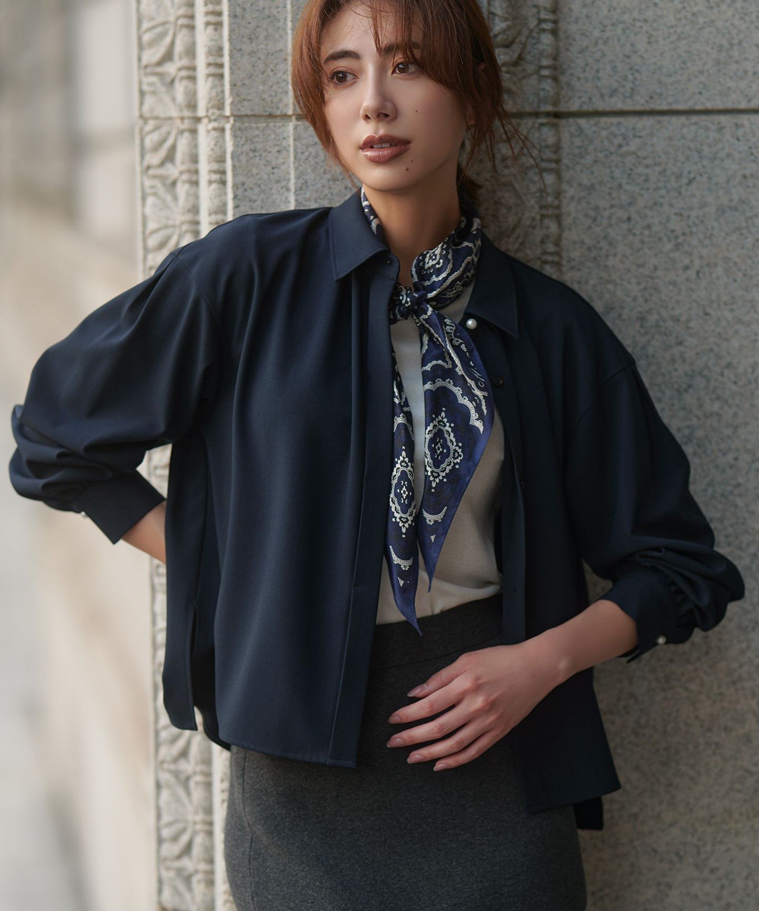 【SALE／20%OFF】ANY SIS L 【UVカット・アンチピリング・洗える】ウーステッドエステル シャツ エニィスィス トップス シャツ・ブラウス ネイビー ホワイト【送料無料】