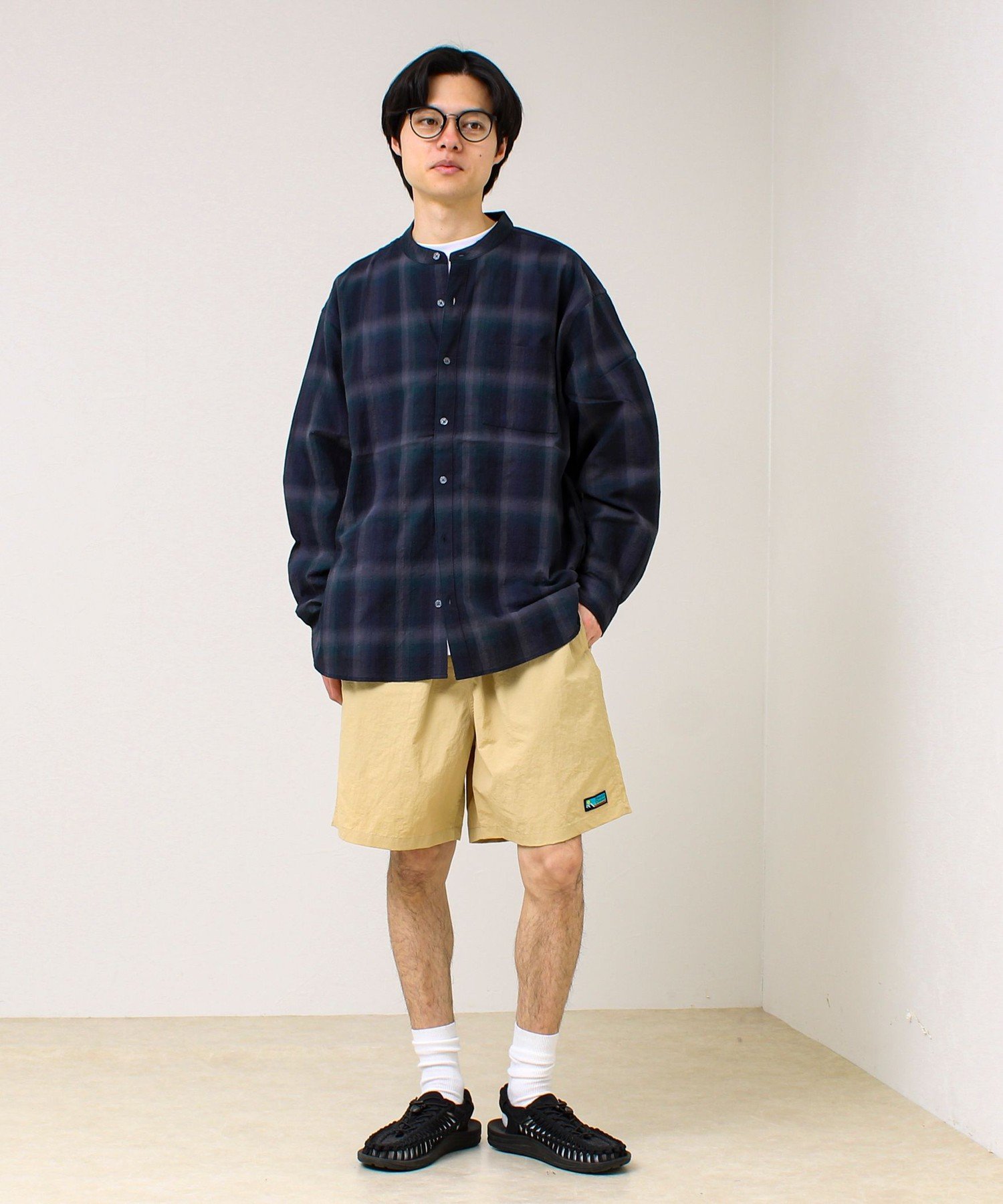 【SALE／20%OFF】GLOSTER 【夏まで使える】テクスチャーバンドカラーチェックシャツ フレディ アンド グロスター トップス シャツ・ブラウス ブラック ホワイト【送料無料】