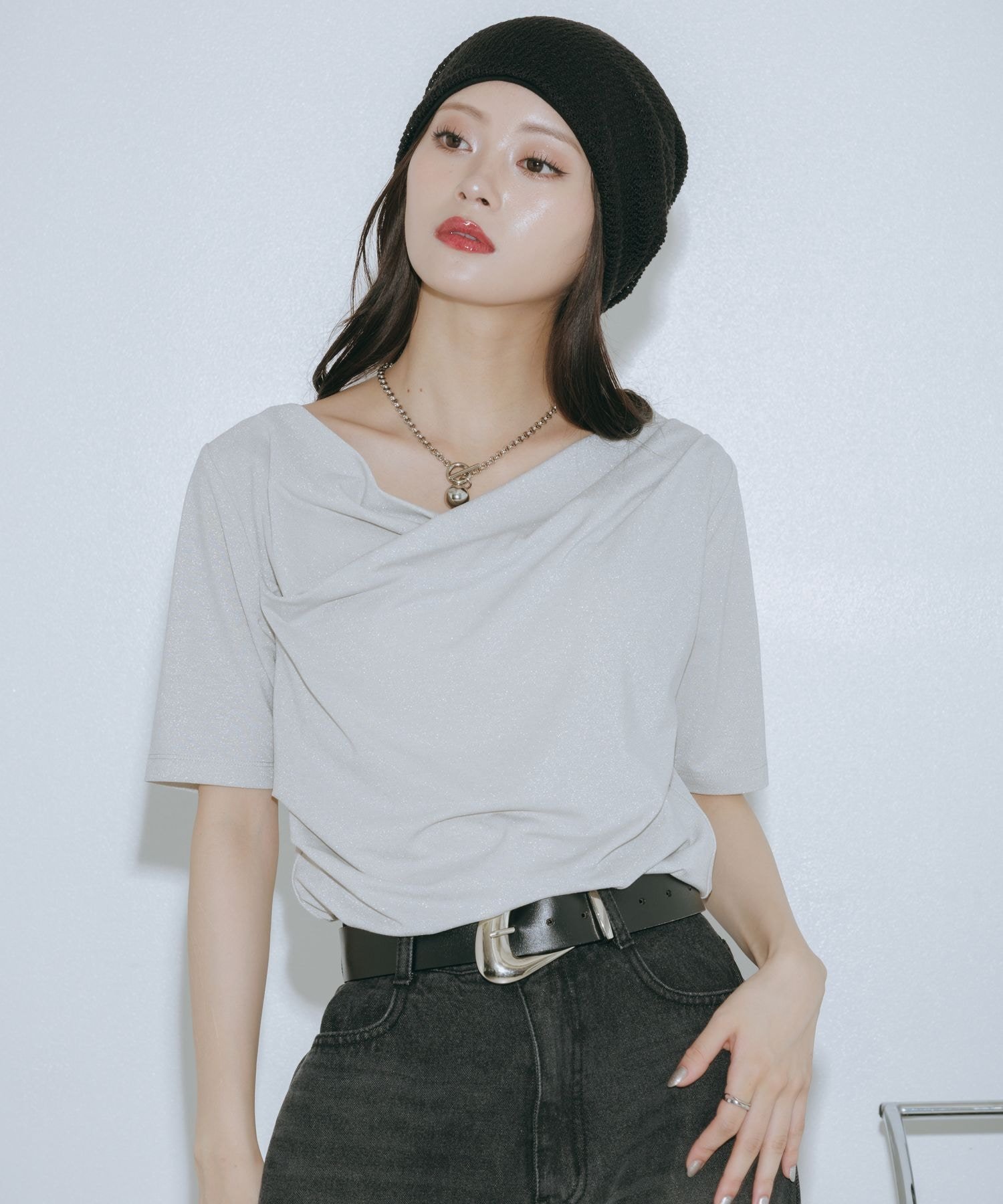 PAGEBOY ラメドレープカットトップス ページボーイ トップス カットソー・Tシャツ グレー ブラック ブルー ネイビー