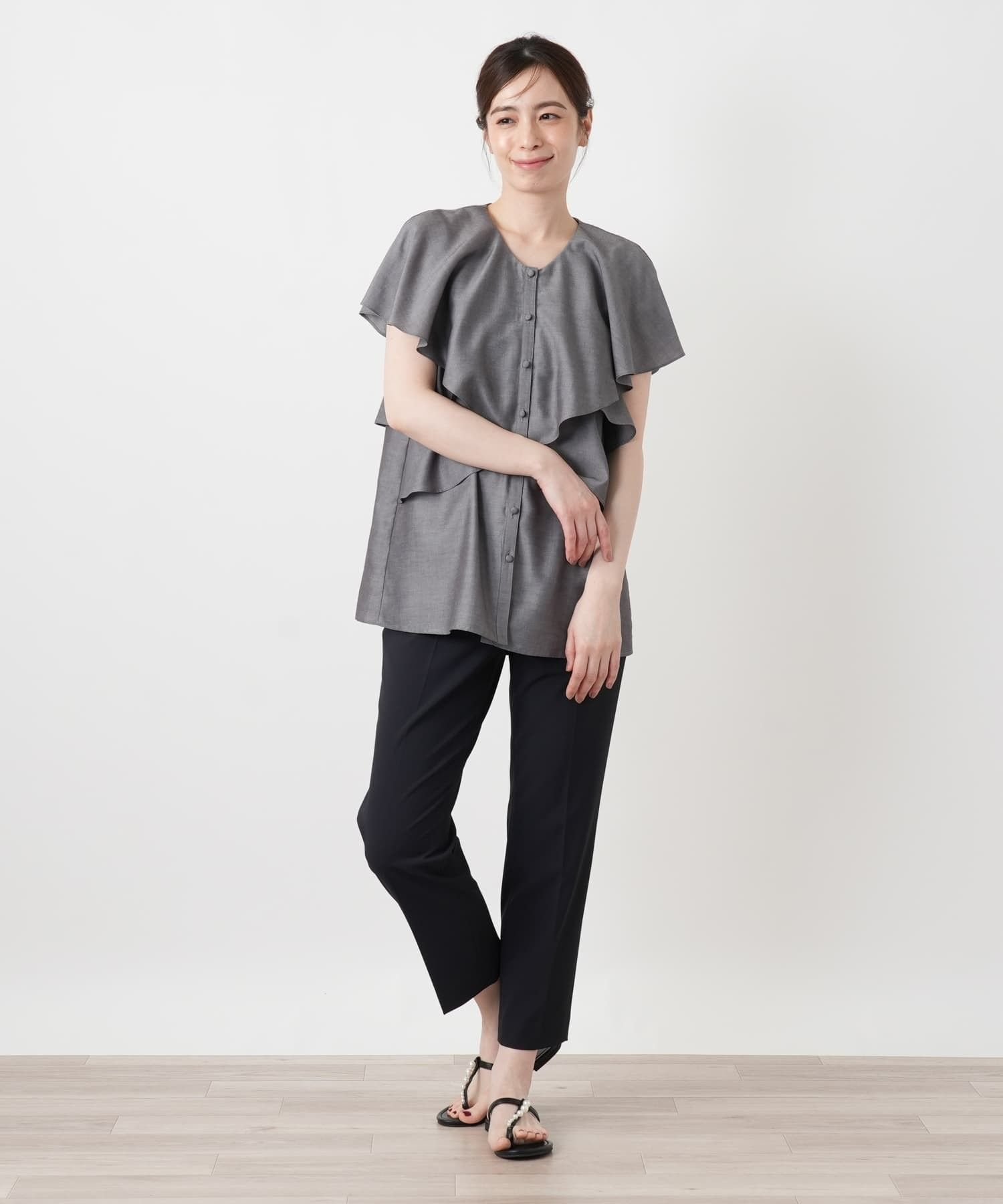 Leilian ティアードフリルブラウス【Leilian WHITE LABEL】 レリアン トップス シャツ・ブラウス グレー ネイビー