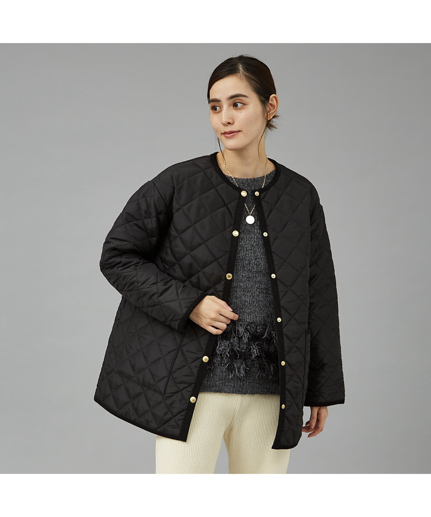 qualite 【TRADITIONAL WEATHERWEAR】キルティングノーカラーミドルブ カリテ ジャケット・アウター ブルゾン・ジャンパー ブラック カーキグリーン ネイビー