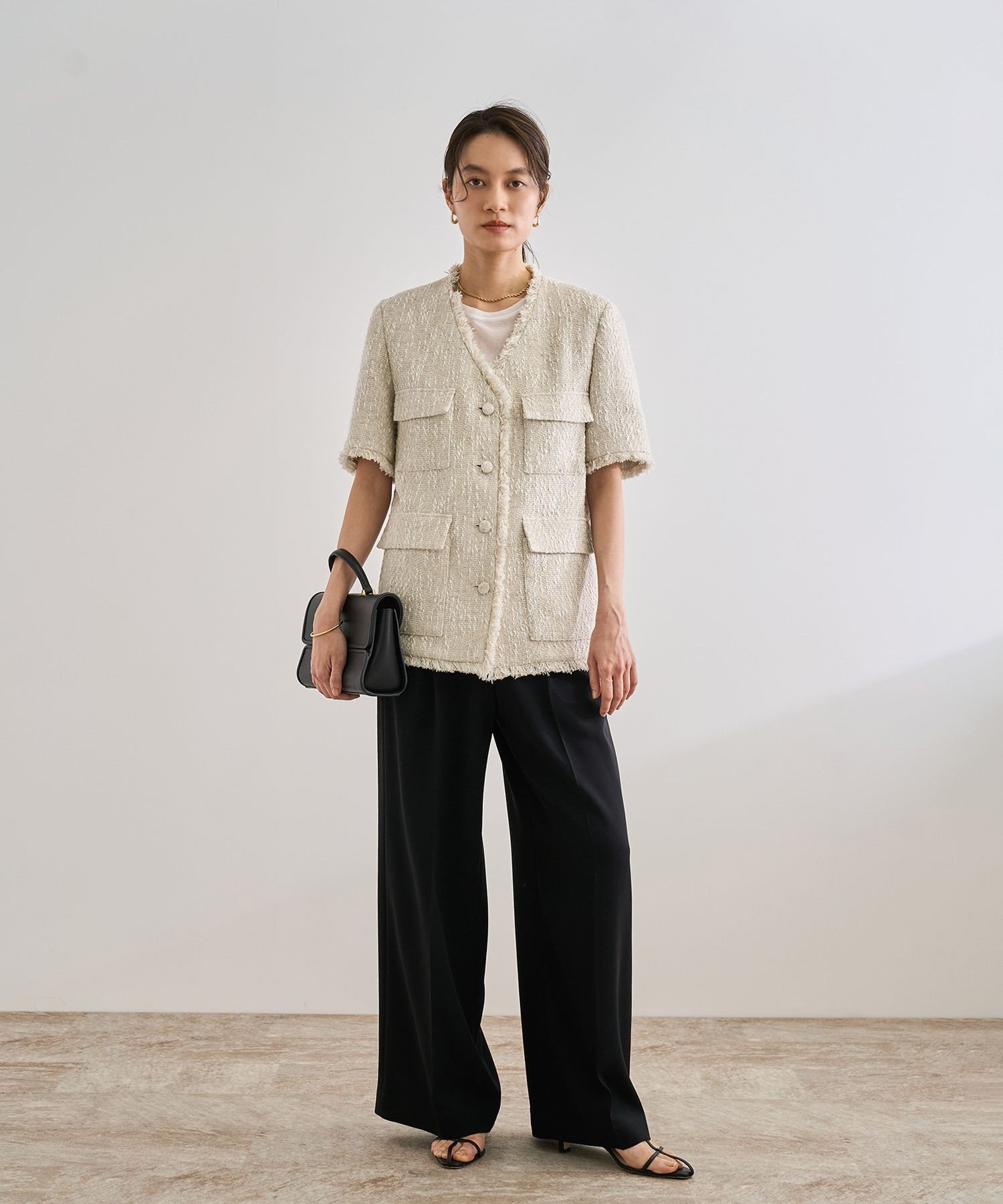 【SALE／50%OFF】ROPE' サマーツイードハーフスリーブジャケット ロペ ジャケット・アウター ノーカラージャケット ホワイト ブラック【送料無料】