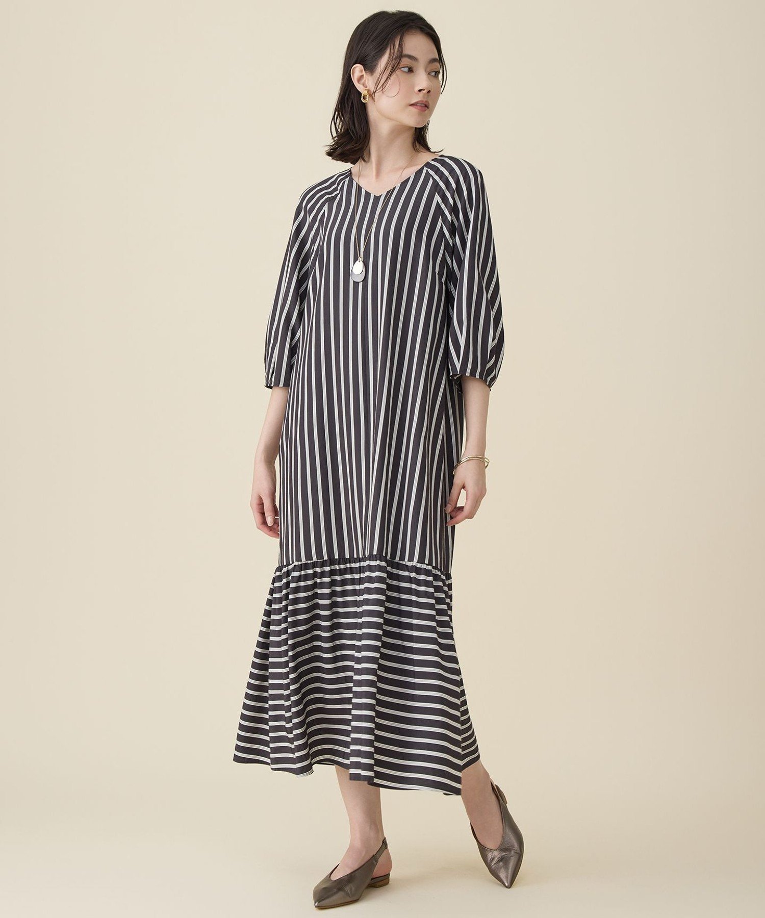 【SALE／40%OFF】自由区 ビスコースナイロンドビーストライプ ワンピース ジユウク ワンピース・ドレス ワンピース ブラウン ベージュ【送料無料】