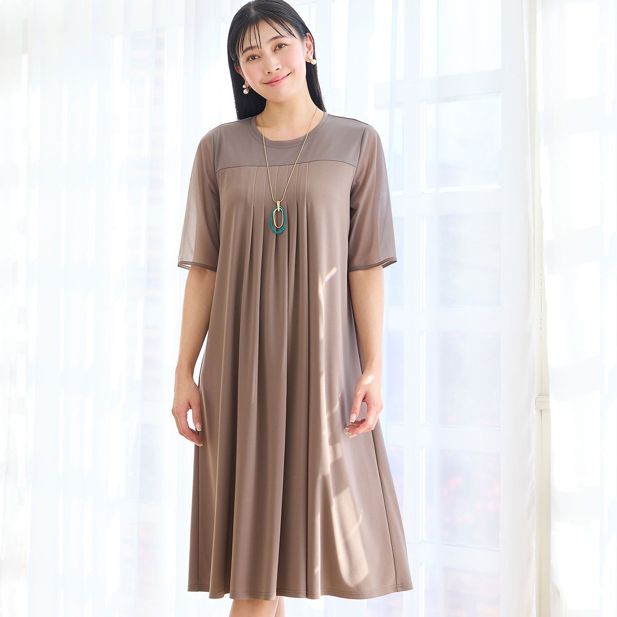 missel 【洗える・体型カバー・L~4Lサイズ】シアースリーブワンピース ミゼール ワンピース・ドレス ワンピース ブラウン ネイビー