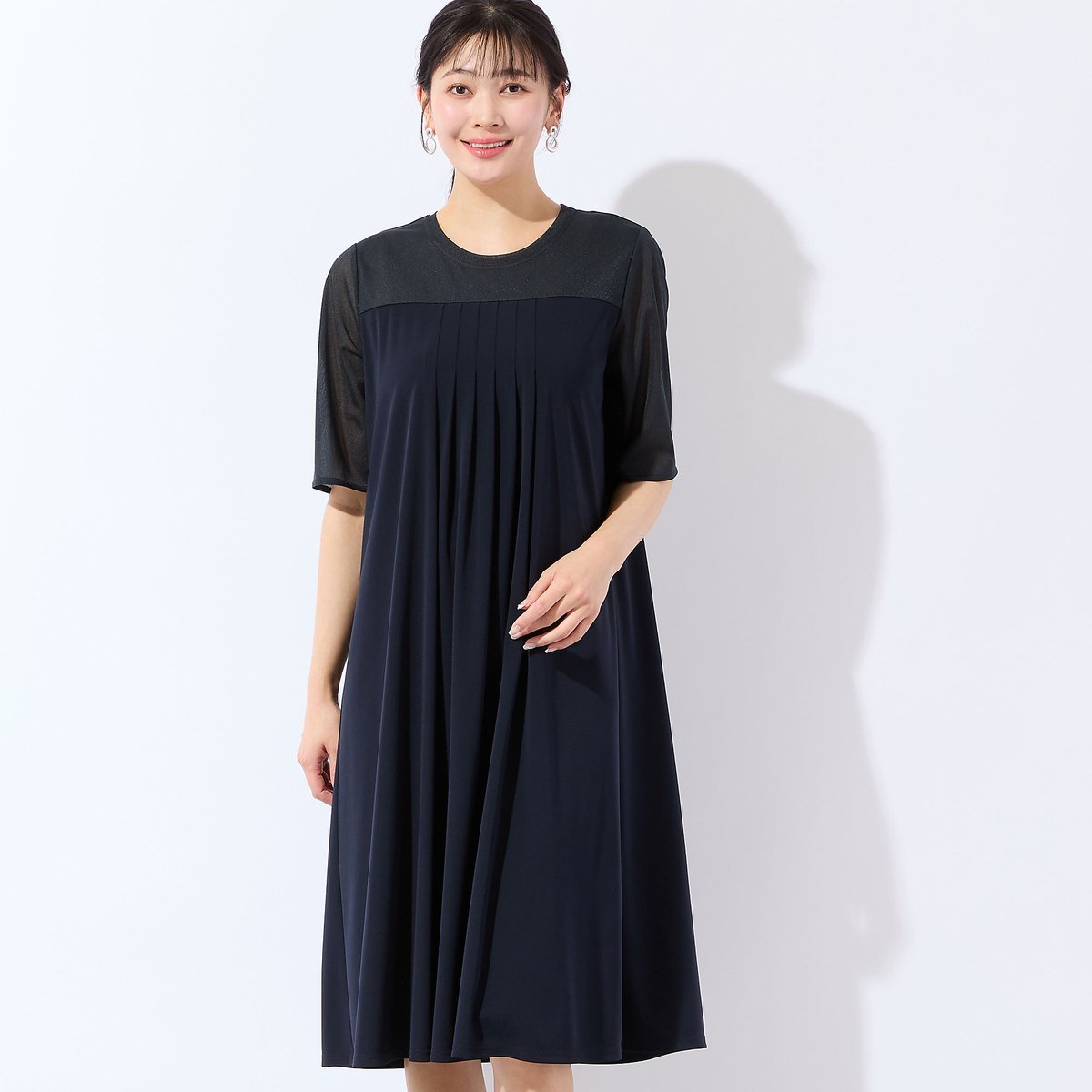 missel 【洗える・体型カバー・L~4Lサイズ】シアースリーブワンピース ミゼール ワンピース・ドレス ワンピース ブラウン ネイビー