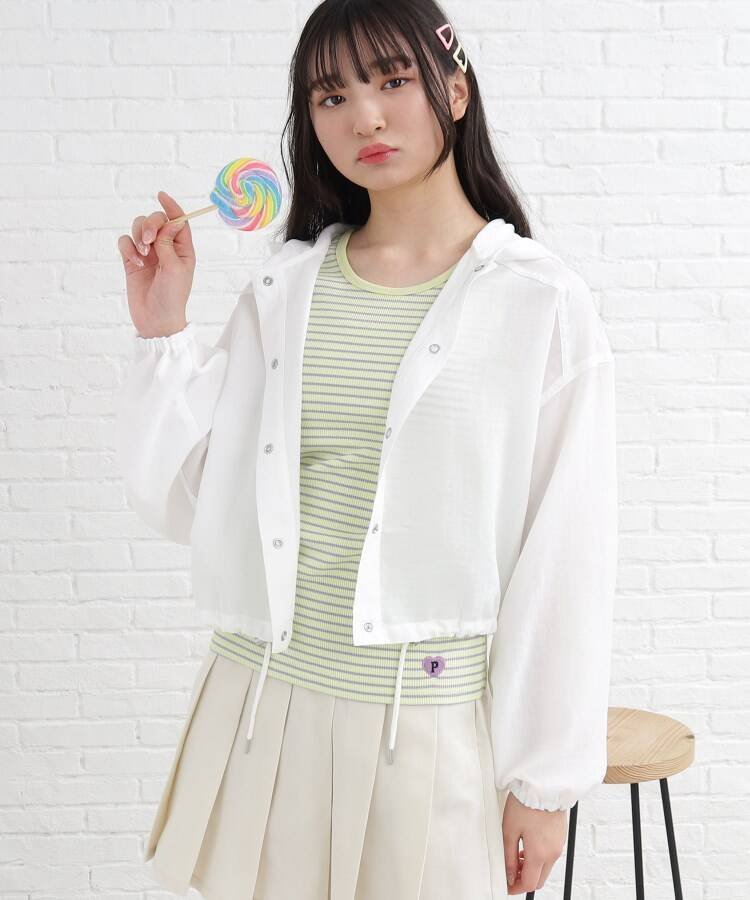 【SALE／20%OFF】PINK-latte 【UV/接触冷感】日焼け対策/冷房対策にぴったり♪ショート丈フードブルゾン ピンク ラテ ジャケット・アウター ブルゾン・ジャンパー ホワイト イエロー パープル ブルーのサムネイル