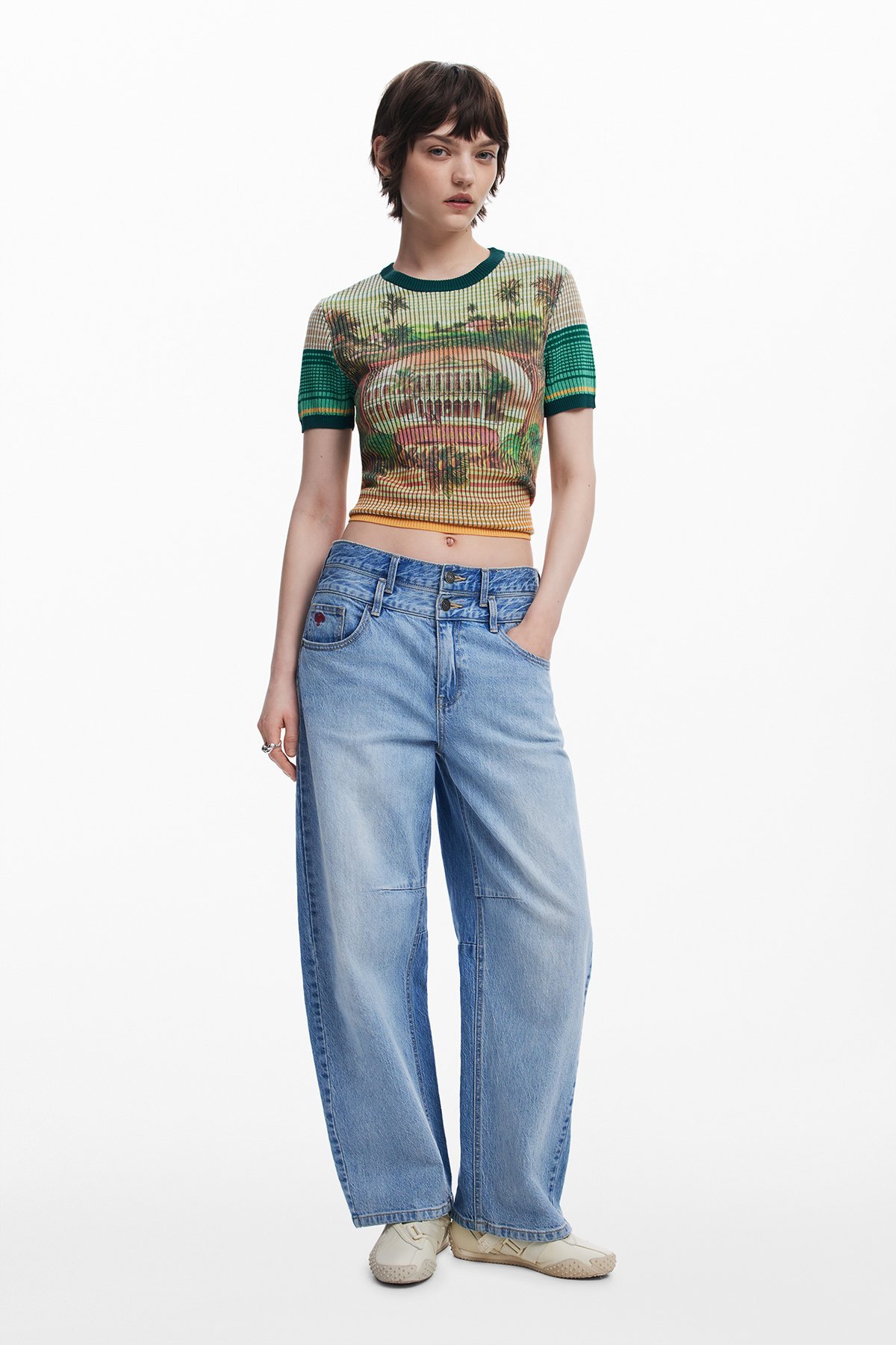 風景柄のニットTシャツ デシグアル トップス ニット グリーン