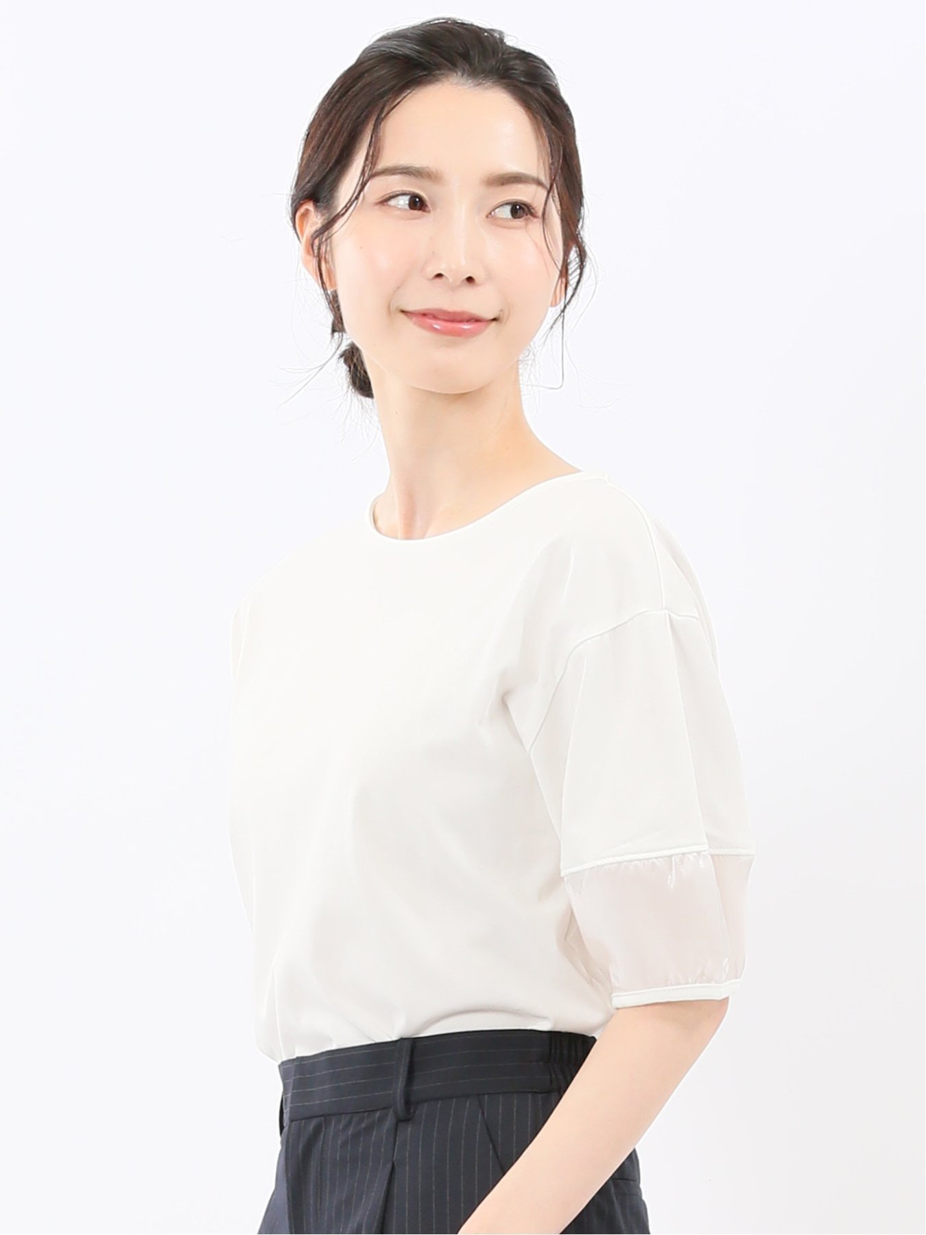 【SALE／30%OFF】m.f.editorial 袖シアーランタン クルーネック プルオーバー タカキュー トップス カットソー・Tシャツ ホワイト