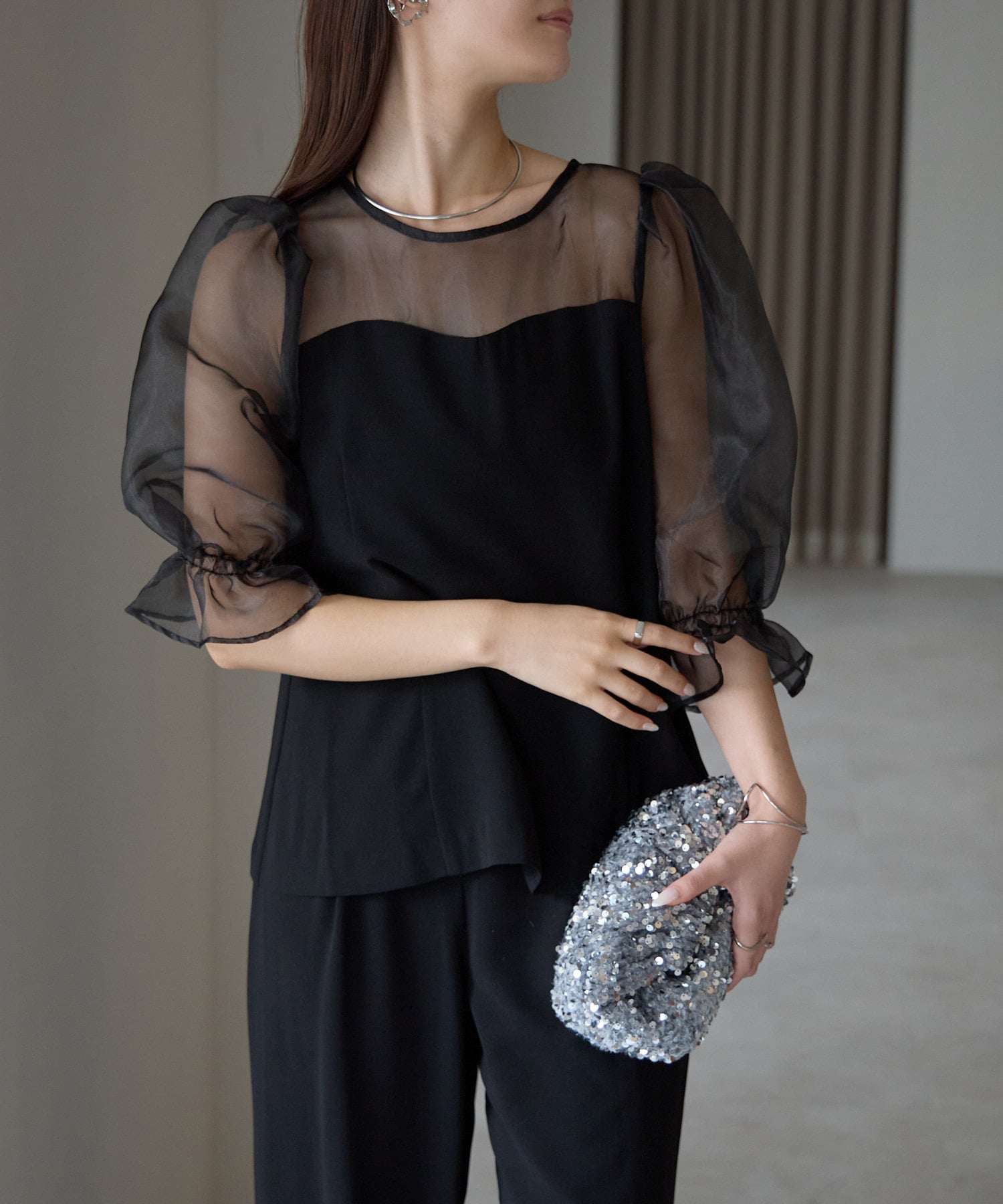 PREFERIR バルーンブラウス+ワイドパンツ プレフェリール トップス シャツ・ブラウス ブラウン ブラック【送料無料】